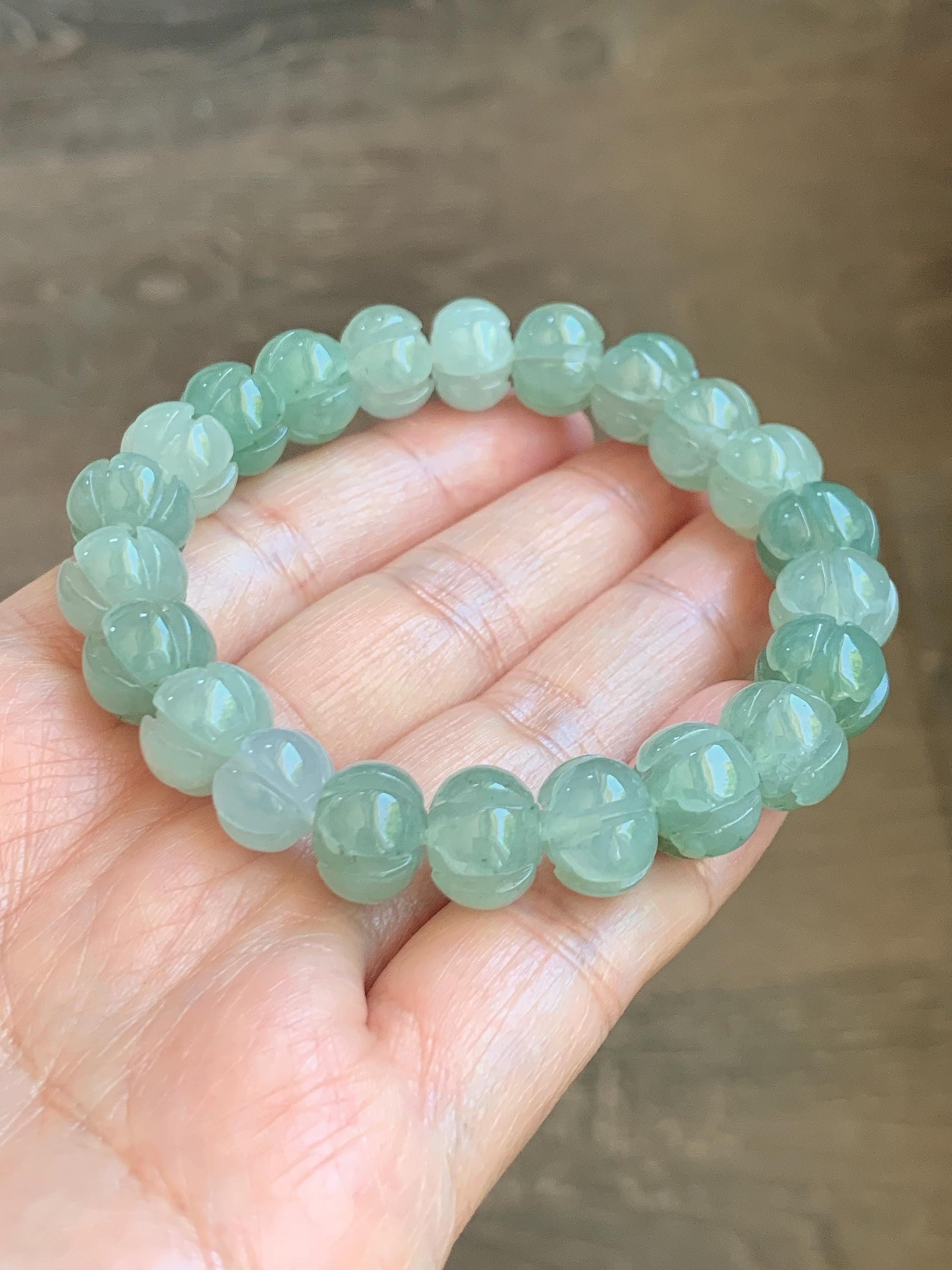 Certified Natural Grade A Icy Translucent Light Green Jade Jadeite Carved Lotus Flower Beads Beaded Bracelet 7” 34.47g 天然冰胶晴色翡翠莲花珠手串 1105