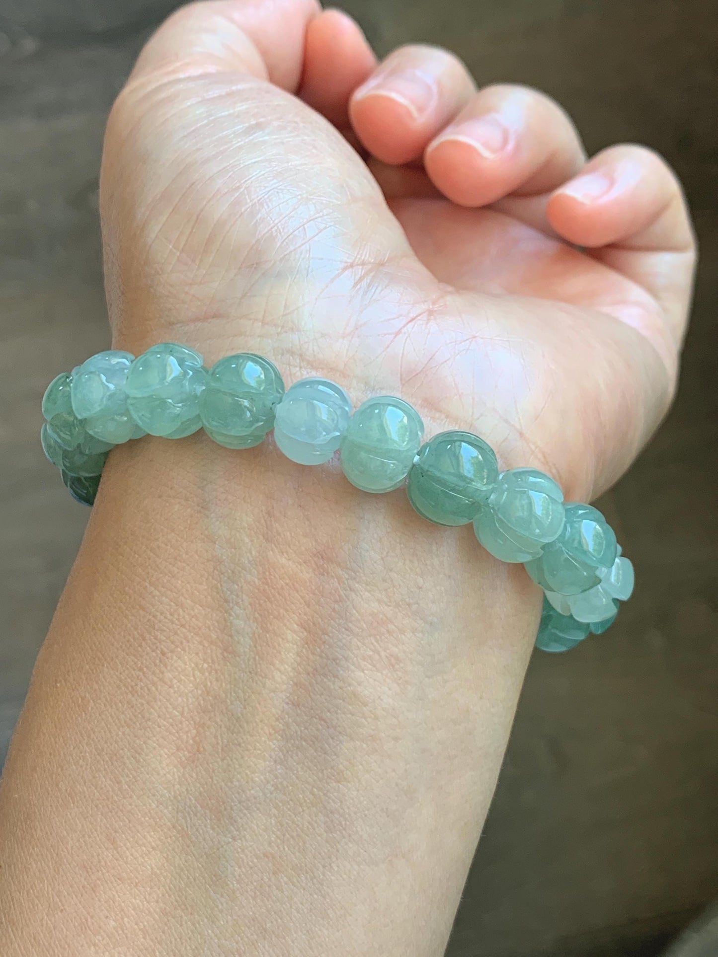 Certified Natural Grade A Icy Translucent Light Green Jade Jadeite Carved Lotus Flower Beads Beaded Bracelet 7” 34.47g 天然冰胶晴色翡翠莲花珠手串 1105