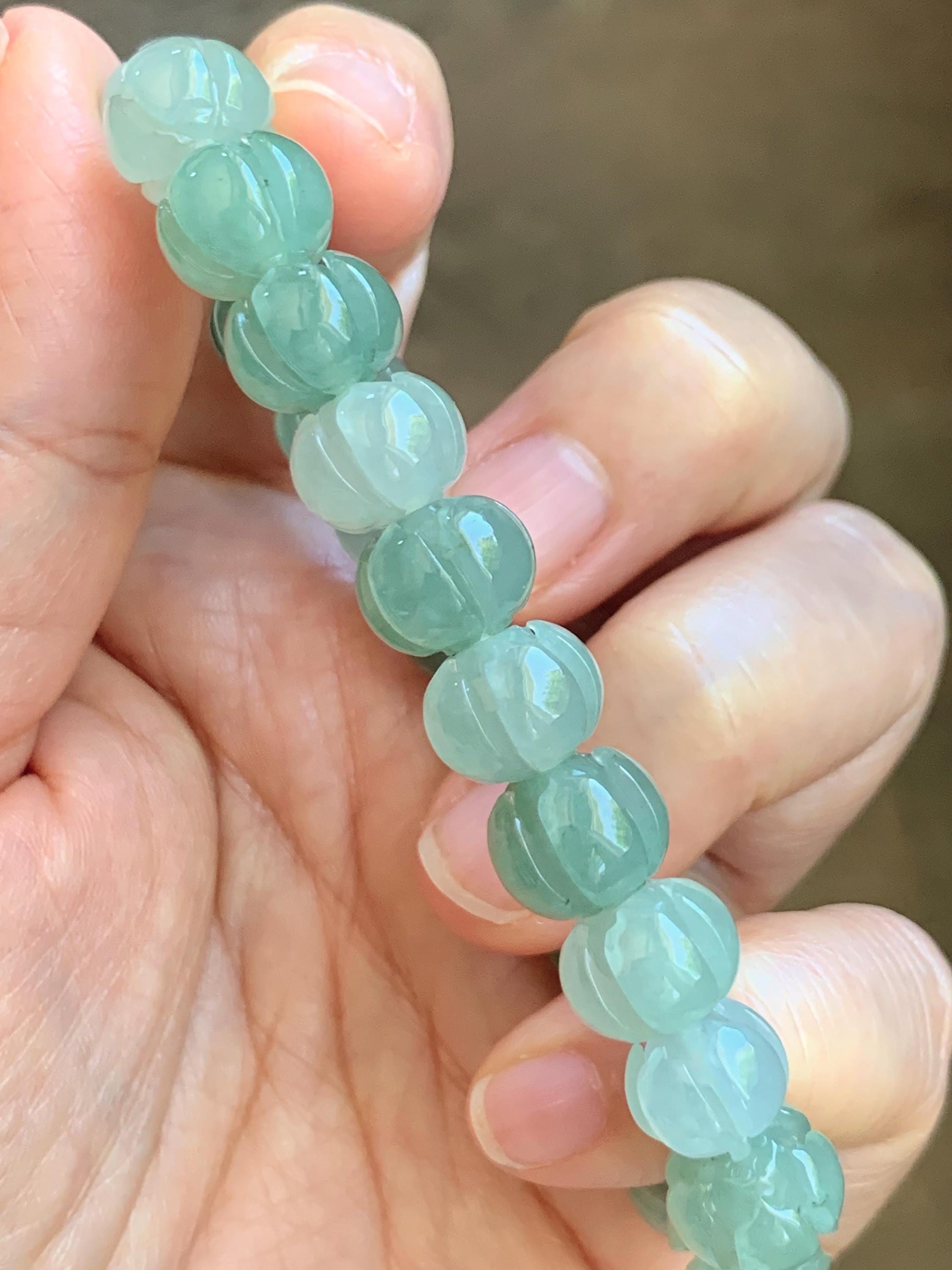 Certified Natural Grade A Icy Translucent Light Green Jade Jadeite Carved Lotus Flower Beads Beaded Bracelet 7” 34.47g 天然冰胶晴色翡翠莲花珠手串 1105