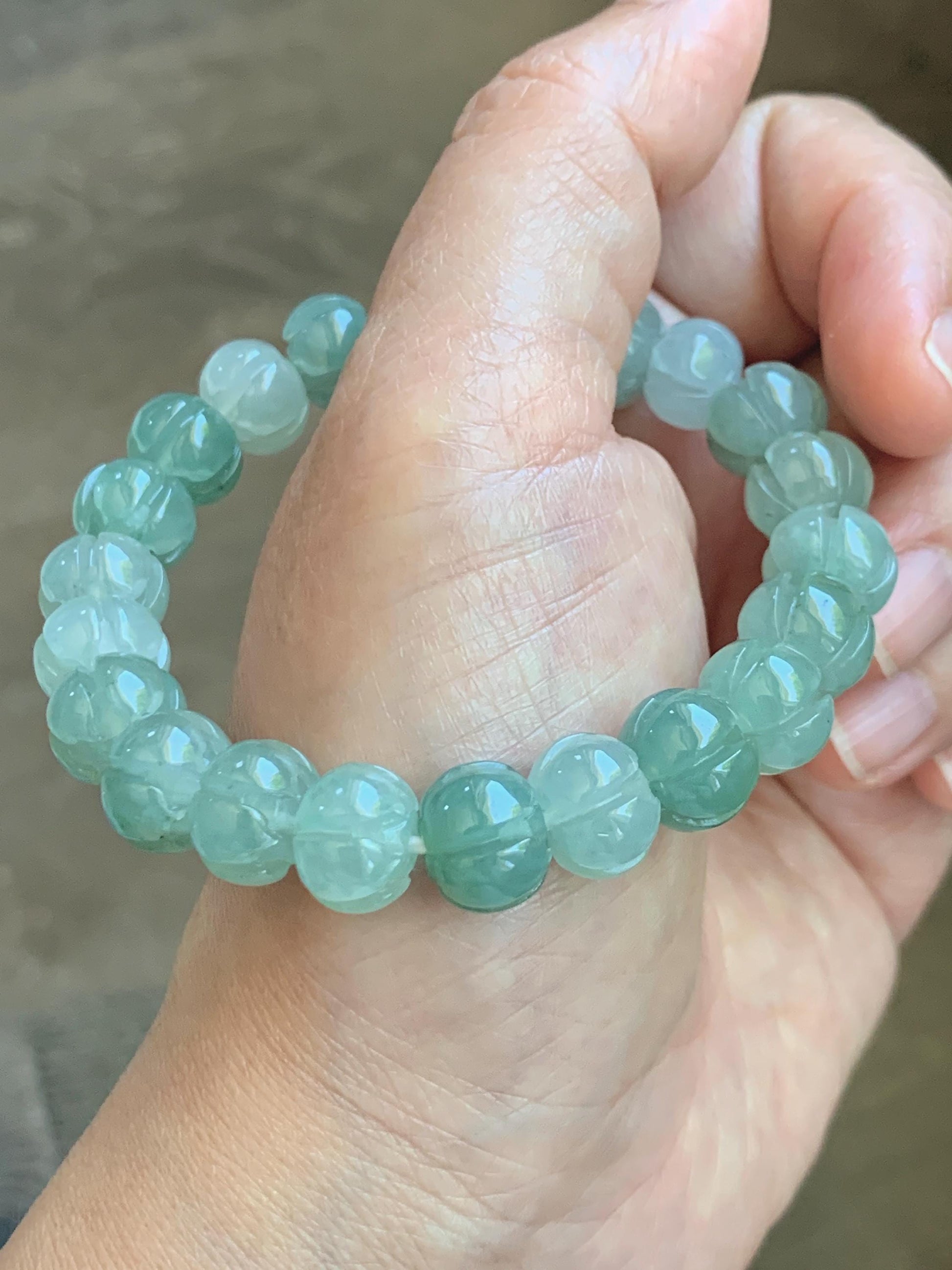 Certified Natural Grade A Icy Translucent Light Green Jade Jadeite Carved Lotus Flower Beads Beaded Bracelet 7” 34.47g 天然冰胶晴色翡翠莲花珠手串 1105