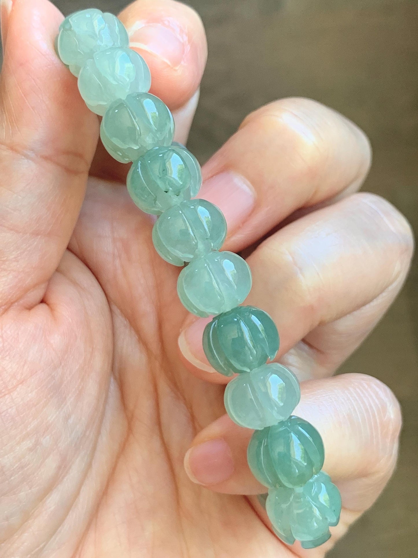 Certified Natural Grade A Icy Translucent Light Green Jade Jadeite Carved Lotus Flower Beads Beaded Bracelet 7” 34.47g 天然冰胶晴色翡翠莲花珠手串 1105
