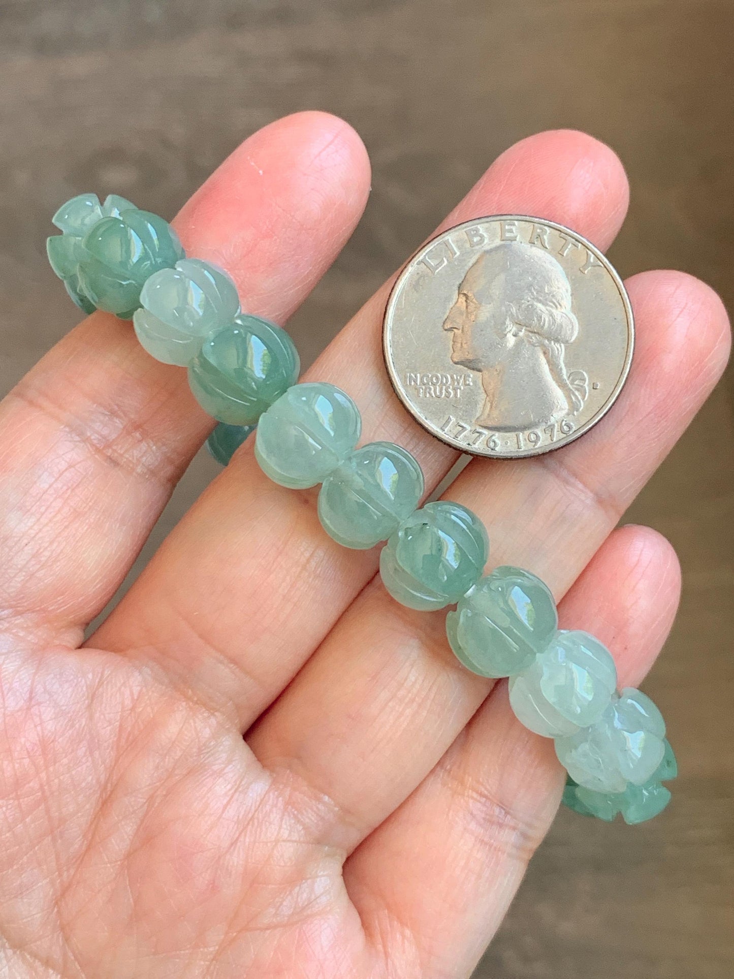 Certified Natural Grade A Icy Translucent Light Green Jade Jadeite Carved Lotus Flower Beads Beaded Bracelet 7” 34.47g 天然冰胶晴色翡翠莲花珠手串 1105