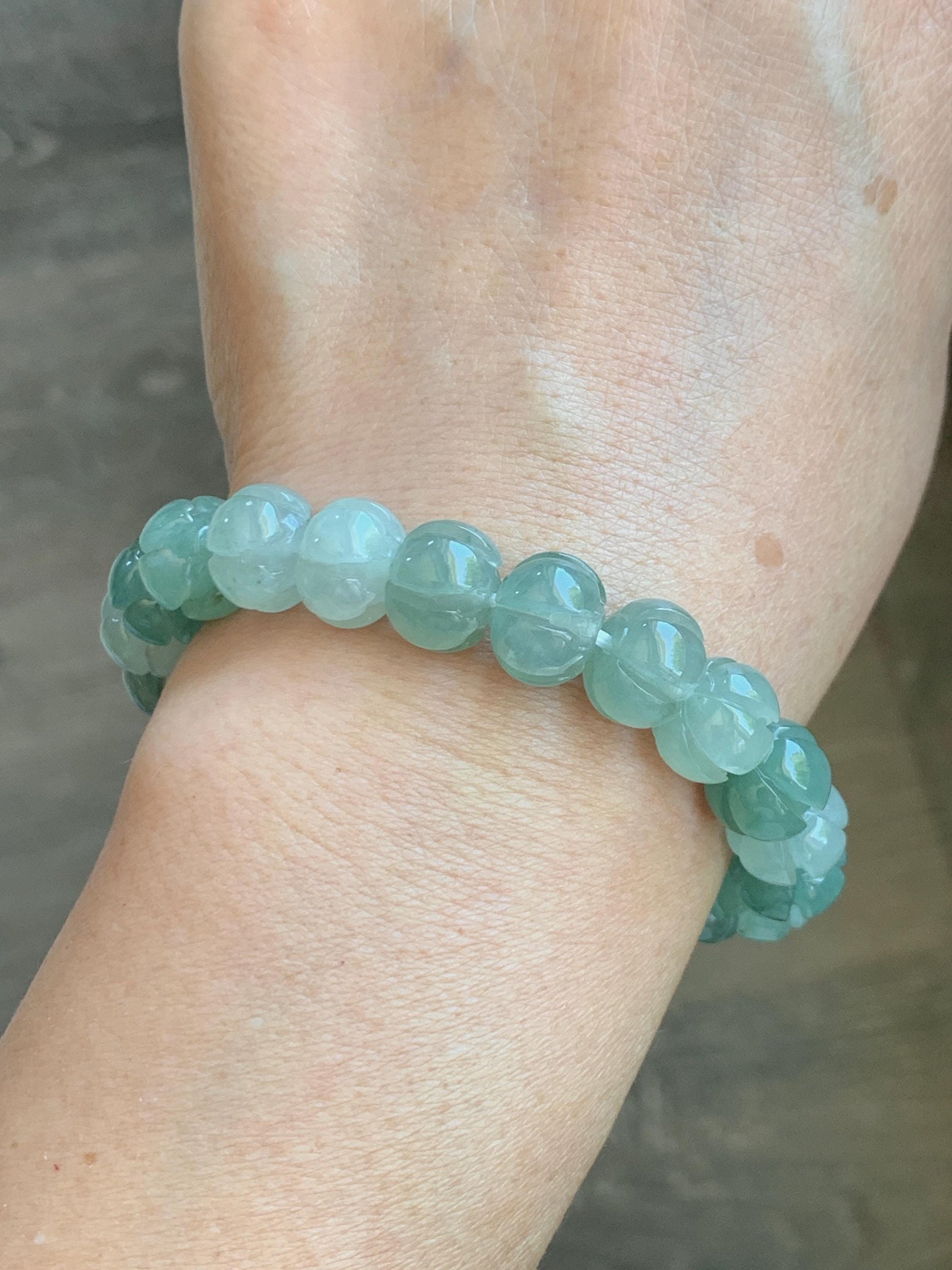 Certified Natural Grade A Icy Translucent Light Green Jade Jadeite Carved Lotus Flower Beads Beaded Bracelet 7” 34.47g 天然冰胶晴色翡翠莲花珠手串 1105
