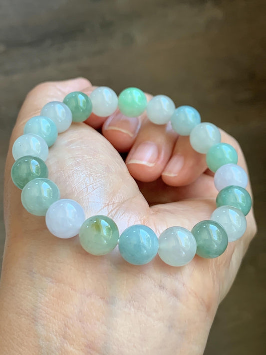 Certified Natural Grade A Icy Highly Translucent Gelatinous Multicolored Jade Jadeite Beads Beaded Bracelet 9.9mm 7.25” 32g 天然冰胶多宝翡翠手串 1165