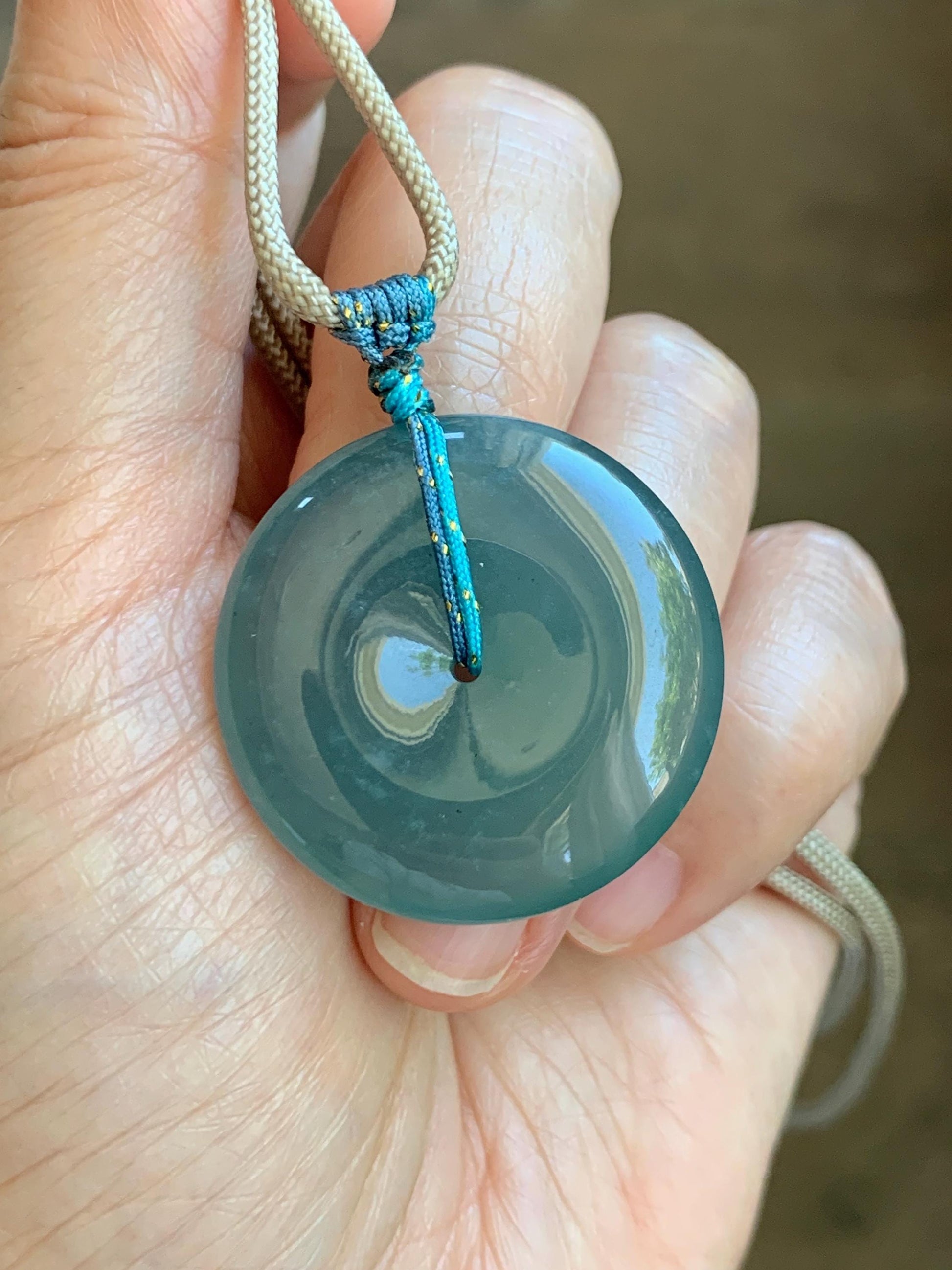 Certified Natural Grade A Guatemalan Icy Translucent Teal Blue Jade Jadeite Ping An Kou Donut Pendant Rope Necklace 24.5” 天然冰胶危蓝翡翠平安扣吊坠 451