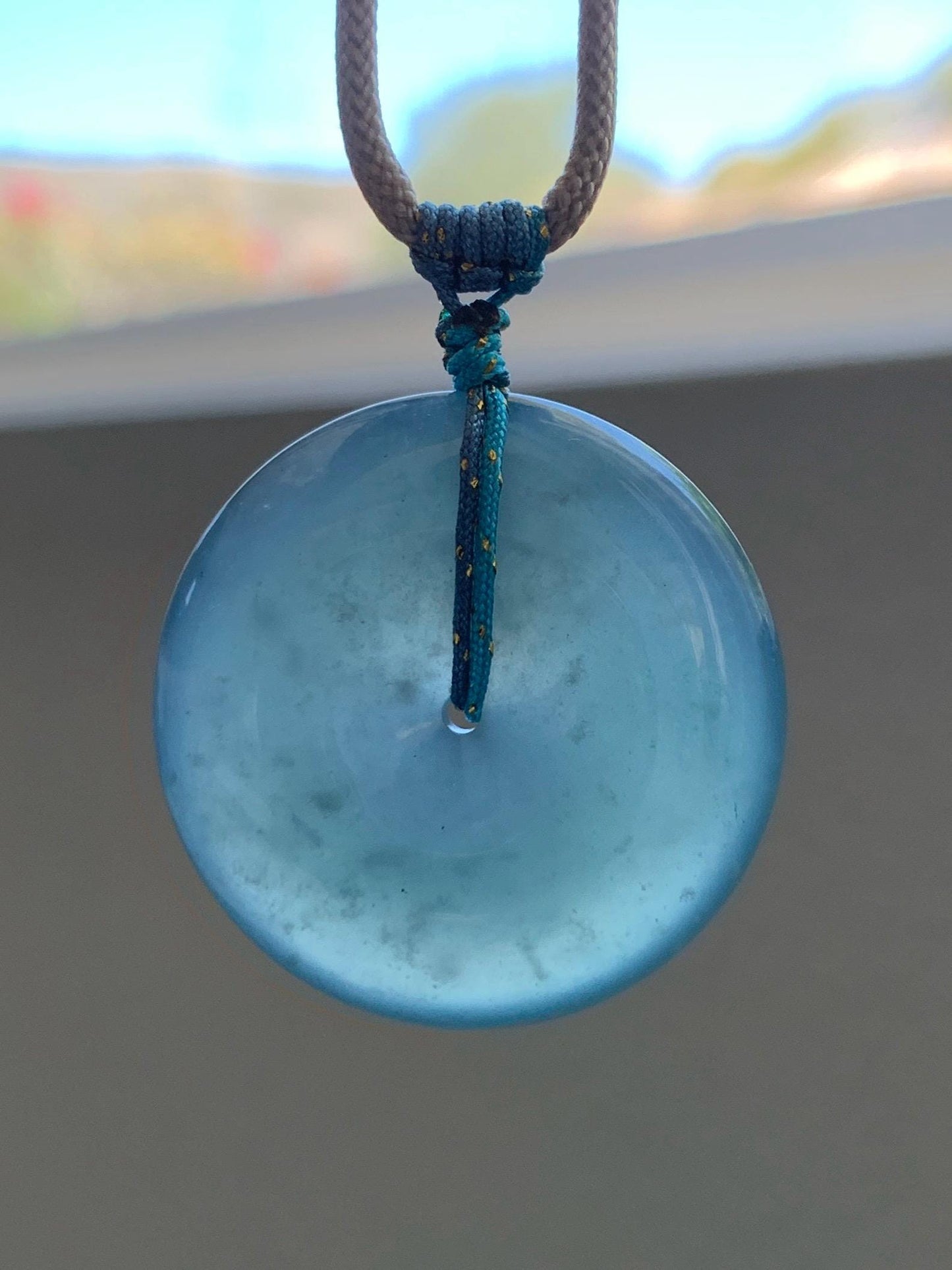 Certified Natural Grade A Guatemalan Icy Translucent Teal Blue Jade Jadeite Ping An Kou Donut Pendant Rope Necklace 24.5” 天然冰胶危蓝翡翠平安扣吊坠 451