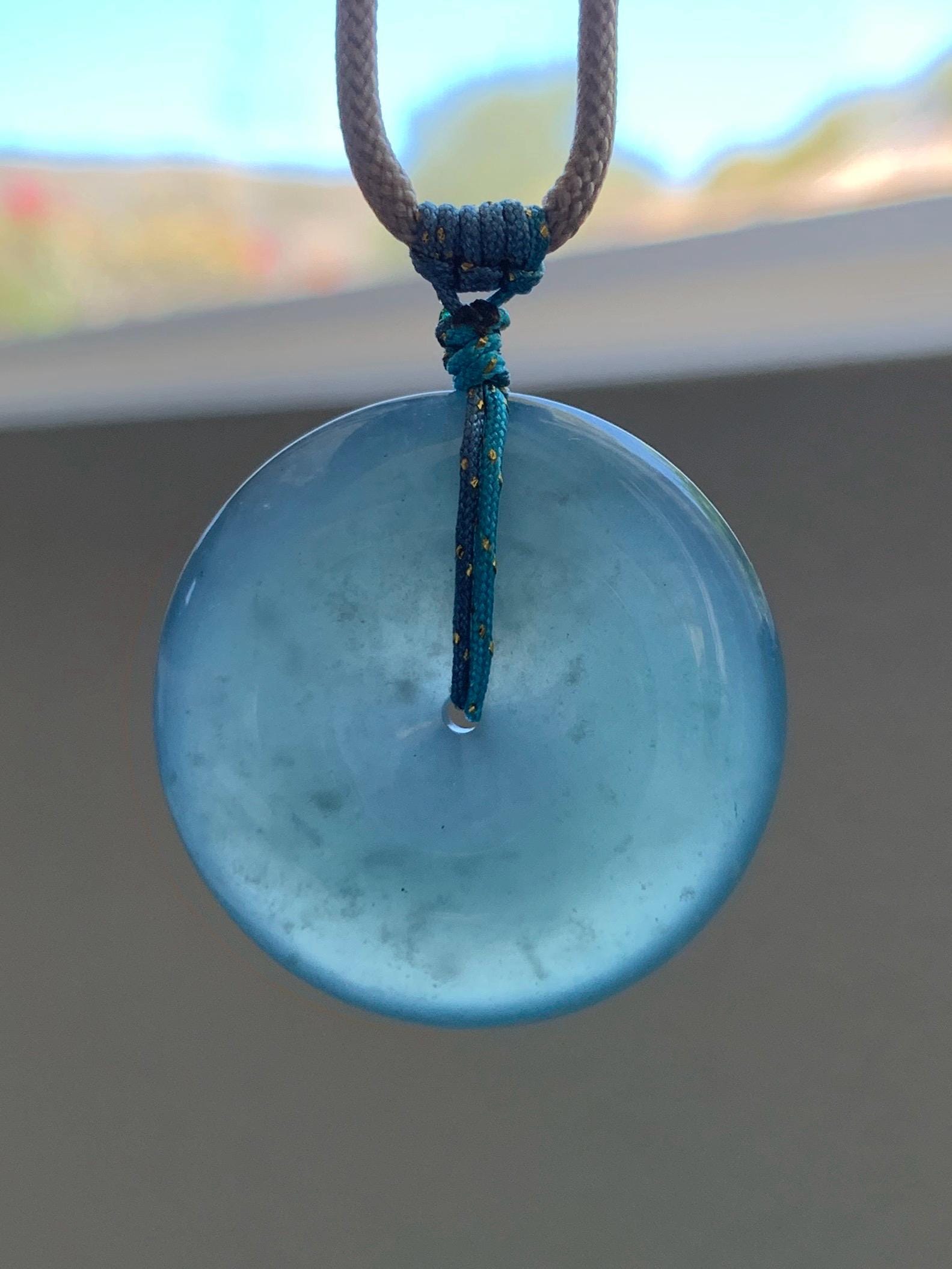 Certified Natural Grade A Guatemalan Icy Translucent Teal Blue Jade Jadeite Ping An Kou Donut Pendant Rope Necklace 24.5” 天然冰胶危蓝翡翠平安扣吊坠 451