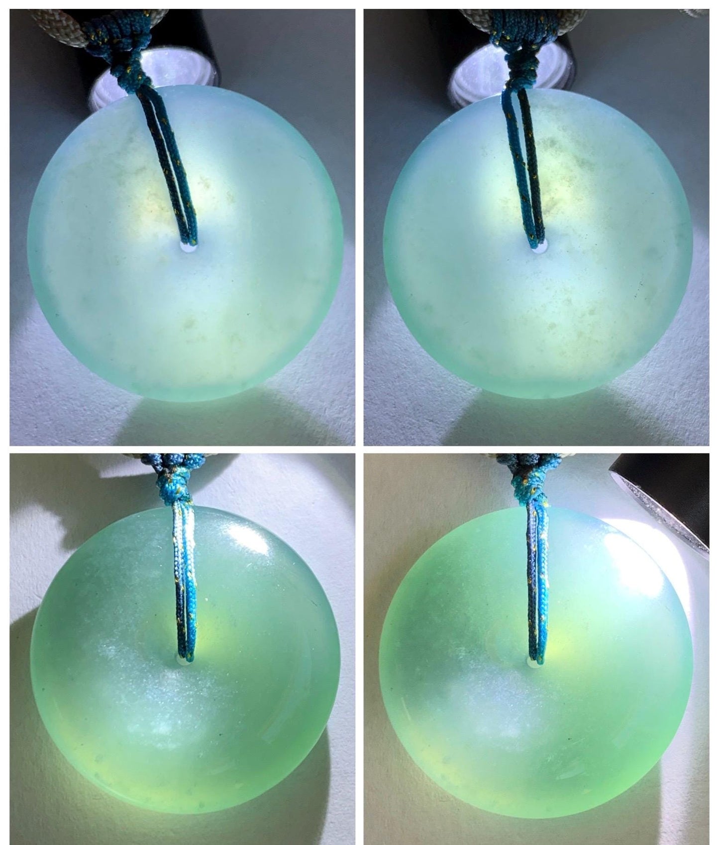 Certified Natural Grade A Guatemalan Icy Translucent Teal Blue Jade Jadeite Ping An Kou Donut Pendant Rope Necklace 24.5” 天然冰胶危蓝翡翠平安扣吊坠 451