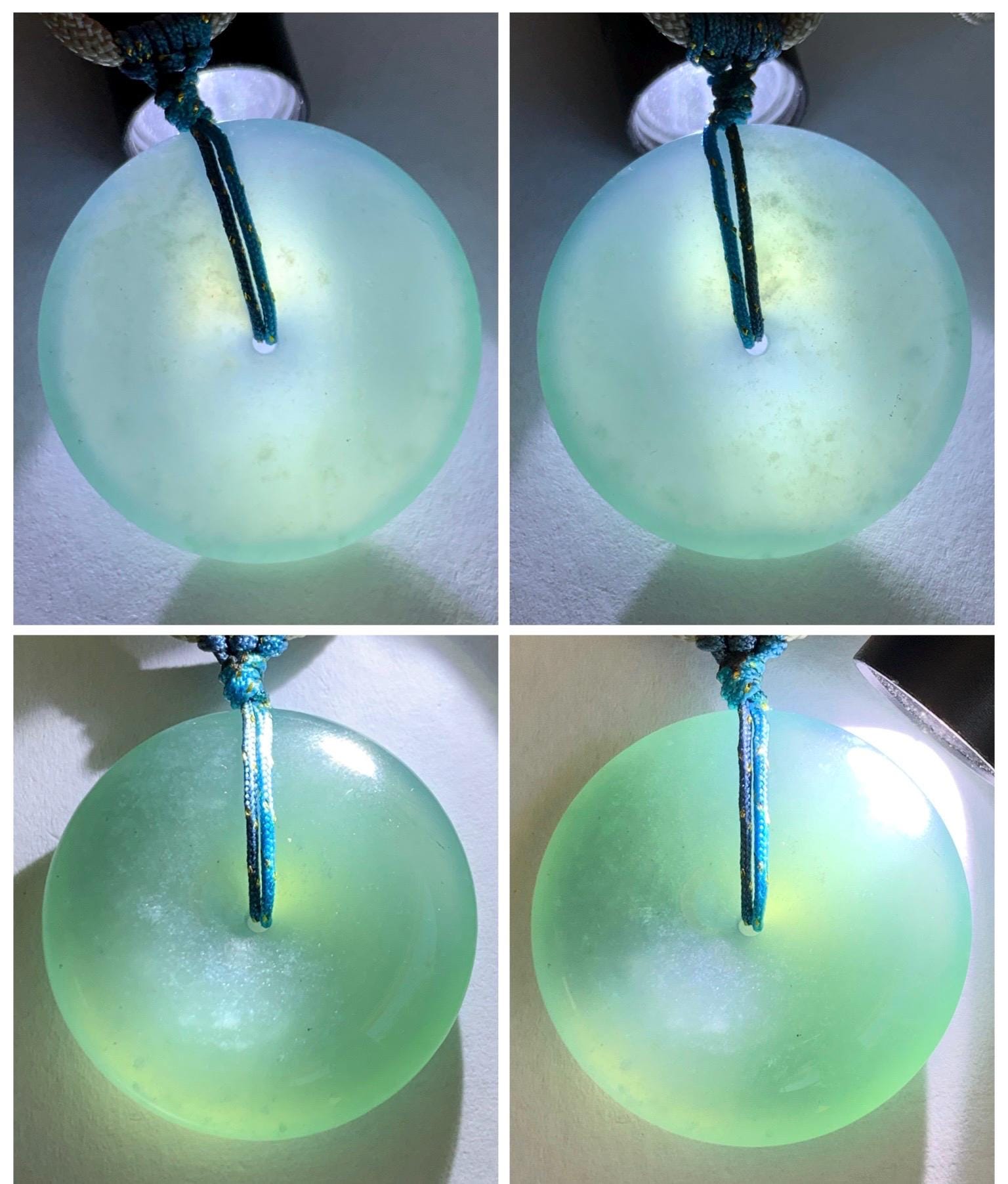 Certified Natural Grade A Guatemalan Icy Translucent Teal Blue Jade Jadeite Ping An Kou Donut Pendant Rope Necklace 24.5” 天然冰胶危蓝翡翠平安扣吊坠 451