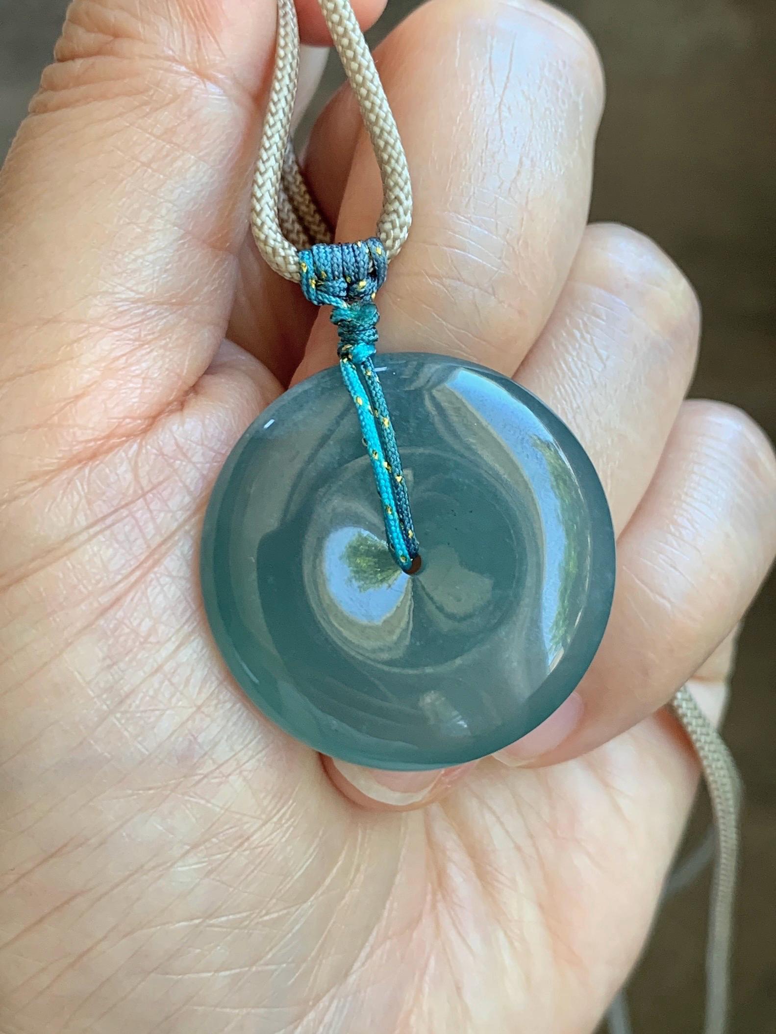 Certified Natural Grade A Guatemalan Icy Translucent Teal Blue Jade Jadeite Ping An Kou Donut Pendant Rope Necklace 24.5” 天然冰胶危蓝翡翠平安扣吊坠 451