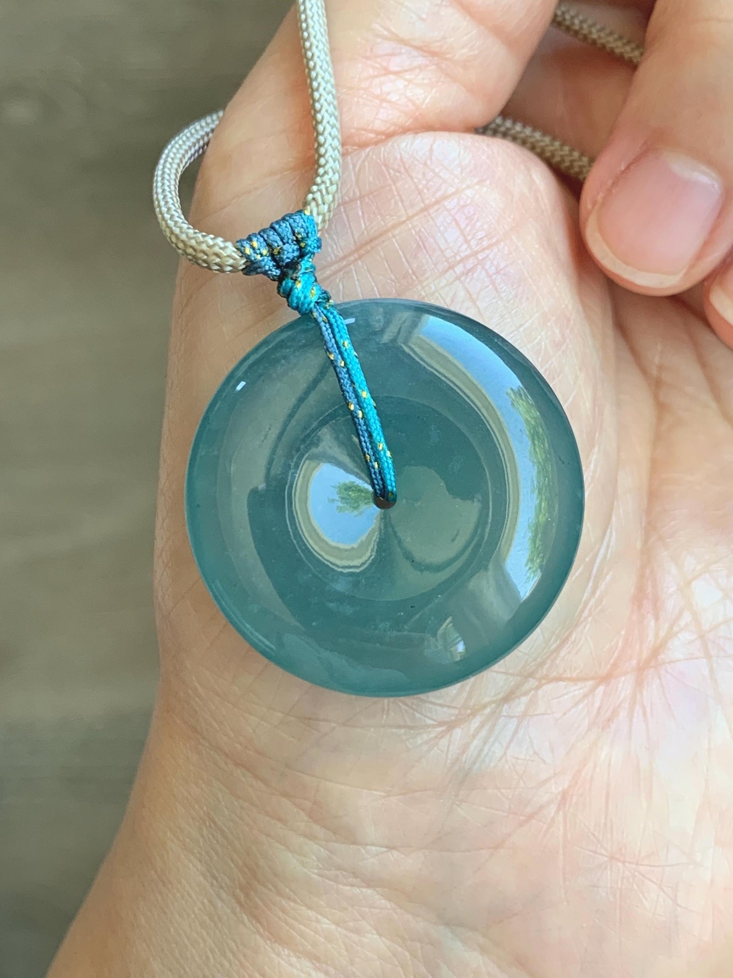 Certified Natural Grade A Guatemalan Icy Translucent Teal Blue Jade Jadeite Ping An Kou Donut Pendant Rope Necklace 24.5” 天然冰胶危蓝翡翠平安扣吊坠 451