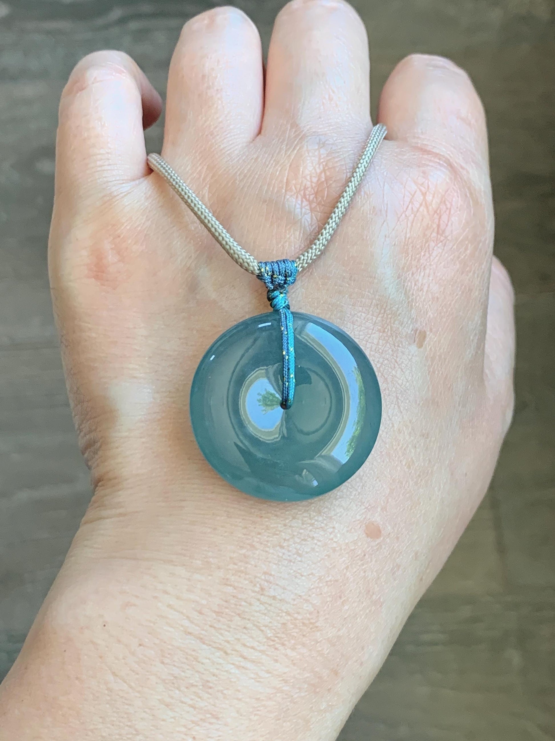 Certified Natural Grade A Guatemalan Icy Translucent Teal Blue Jade Jadeite Ping An Kou Donut Pendant Rope Necklace 24.5” 天然冰胶危蓝翡翠平安扣吊坠 451