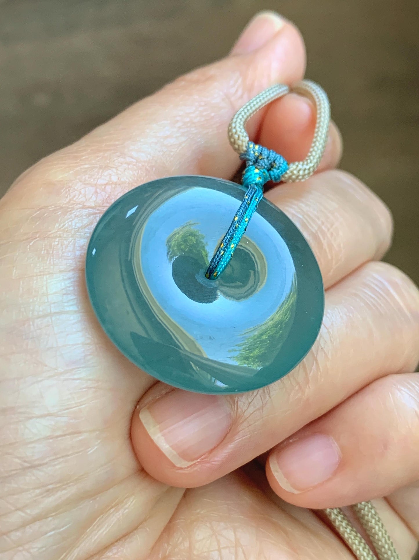 Certified Natural Grade A Guatemalan Icy Translucent Teal Blue Jade Jadeite Ping An Kou Donut Pendant Rope Necklace 24.5” 天然冰胶危蓝翡翠平安扣吊坠 451