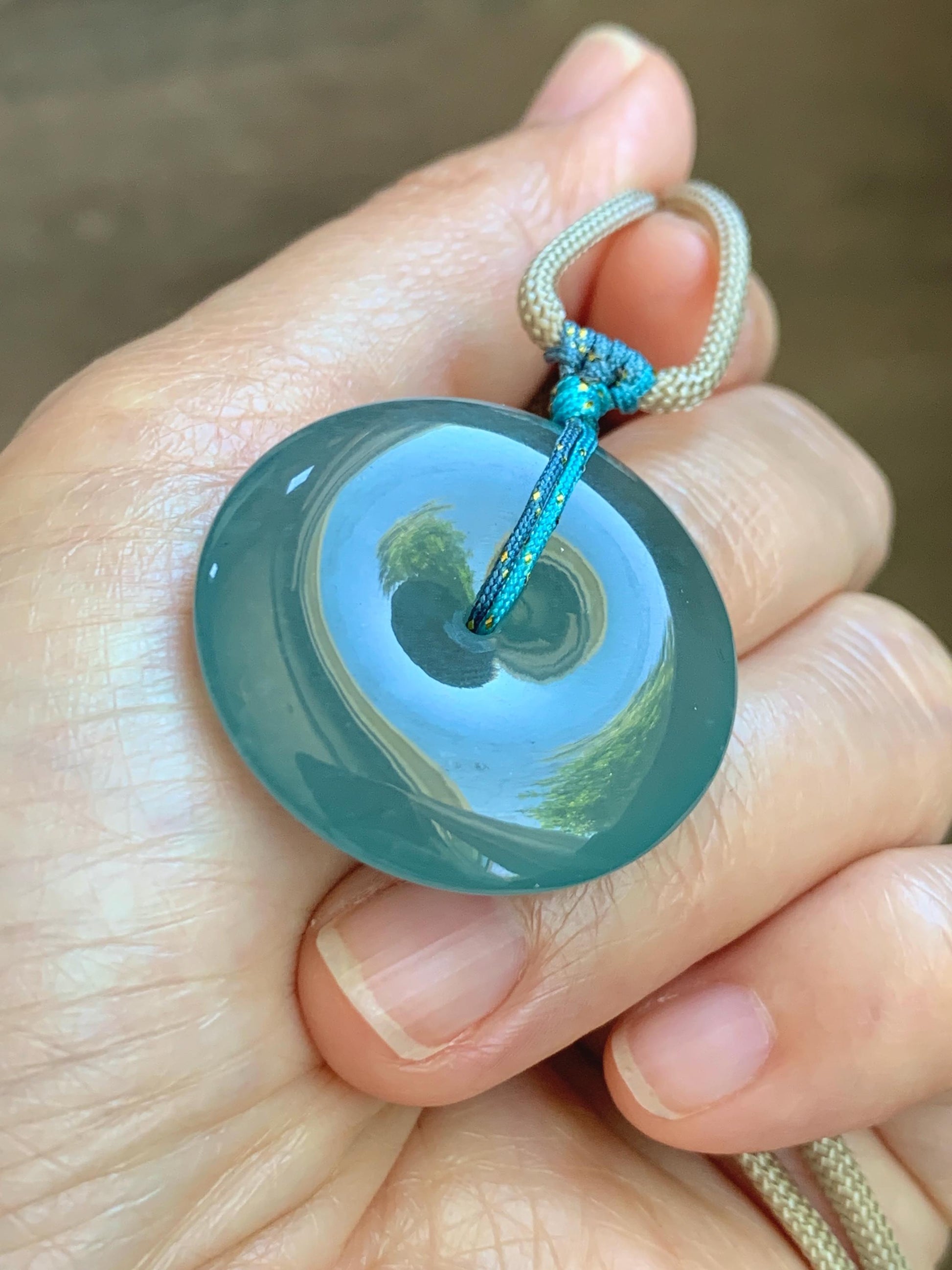 Certified Natural Grade A Guatemalan Icy Translucent Teal Blue Jade Jadeite Ping An Kou Donut Pendant Rope Necklace 24.5” 天然冰胶危蓝翡翠平安扣吊坠 451