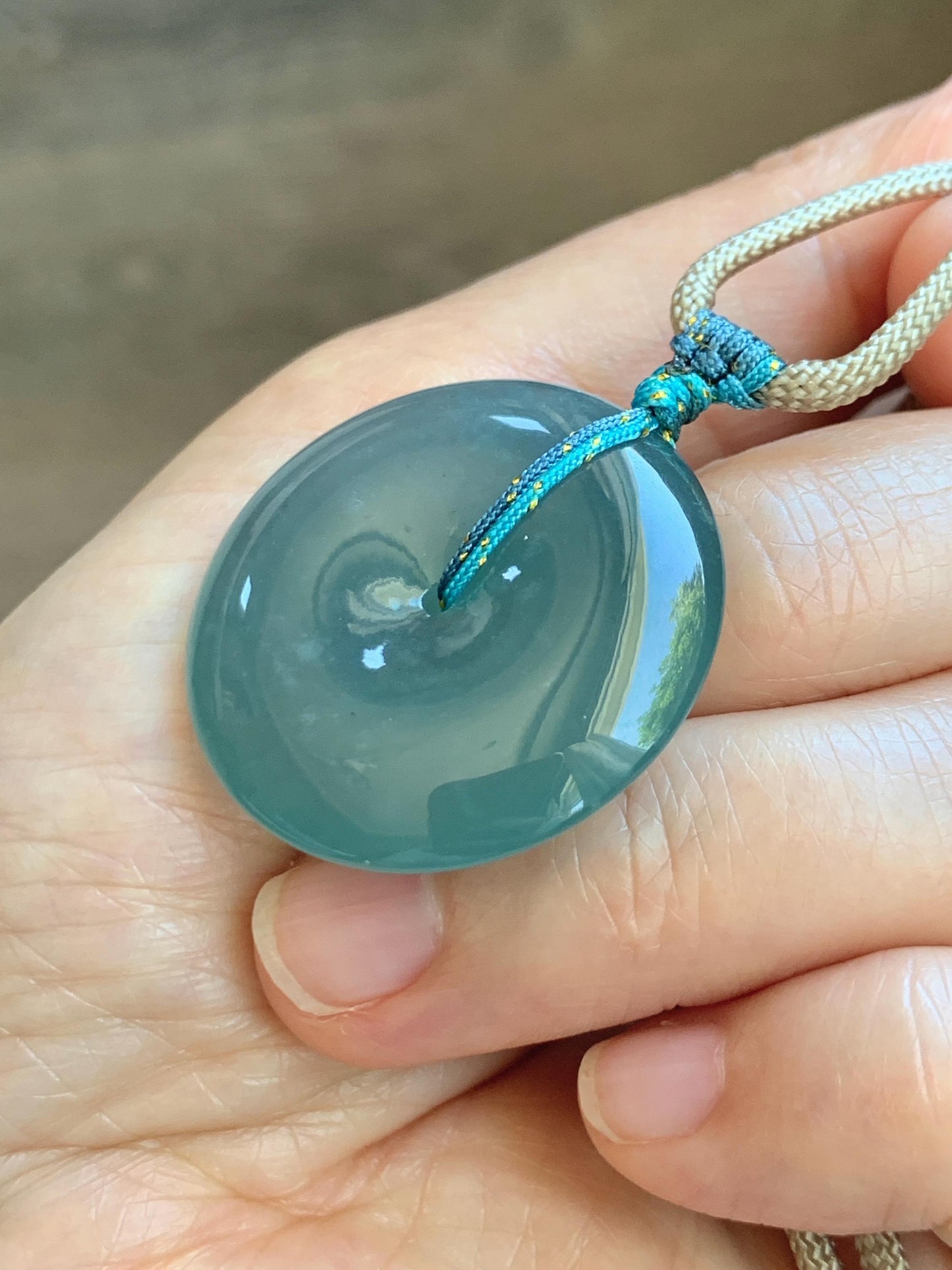 Certified Natural Grade A Guatemalan Icy Translucent Teal Blue Jade Jadeite Ping An Kou Donut Pendant Rope Necklace 24.5” 天然冰胶危蓝翡翠平安扣吊坠 451