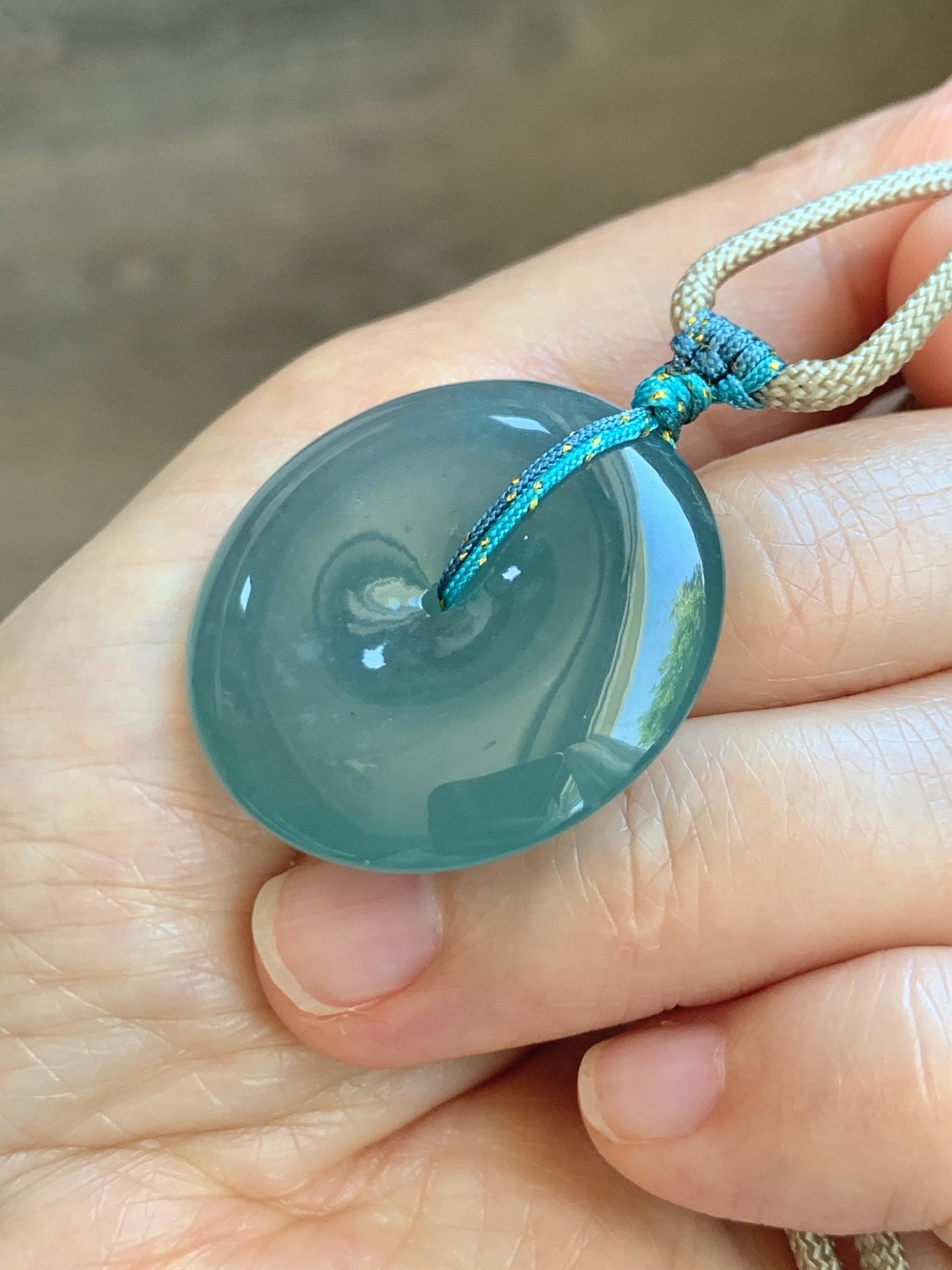 Certified Natural Grade A Guatemalan Icy Translucent Teal Blue Jade Jadeite Ping An Kou Donut Pendant Rope Necklace 24.5” 天然冰胶危蓝翡翠平安扣吊坠 451