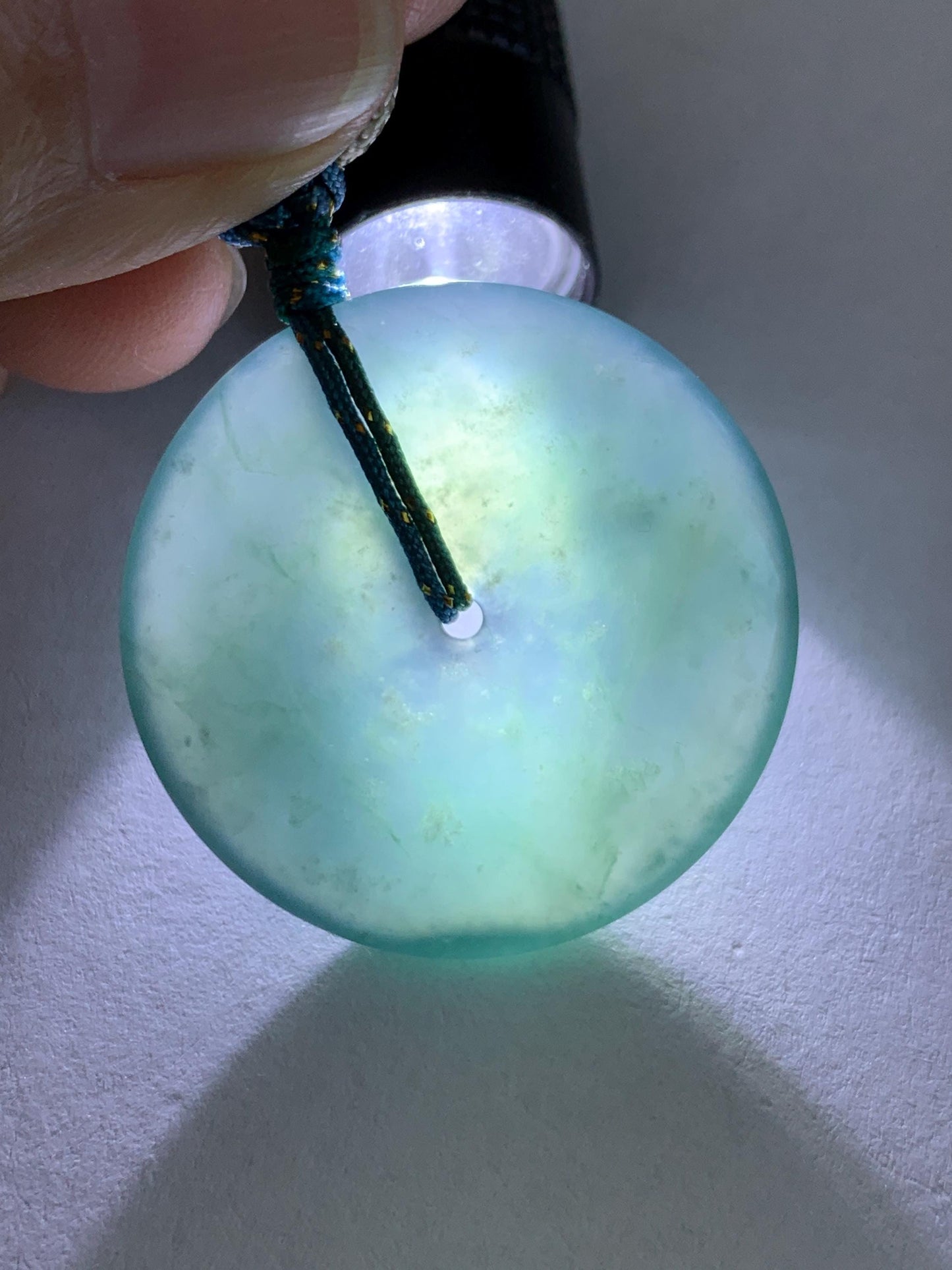 Certified Natural Grade A Guatemalan Icy Translucent Dark Blue Jade Jadeite Ping An Kou Donut Pendant Rope Necklace 25” 天然冰胶危深蓝绿翡翠平安扣吊坠 452