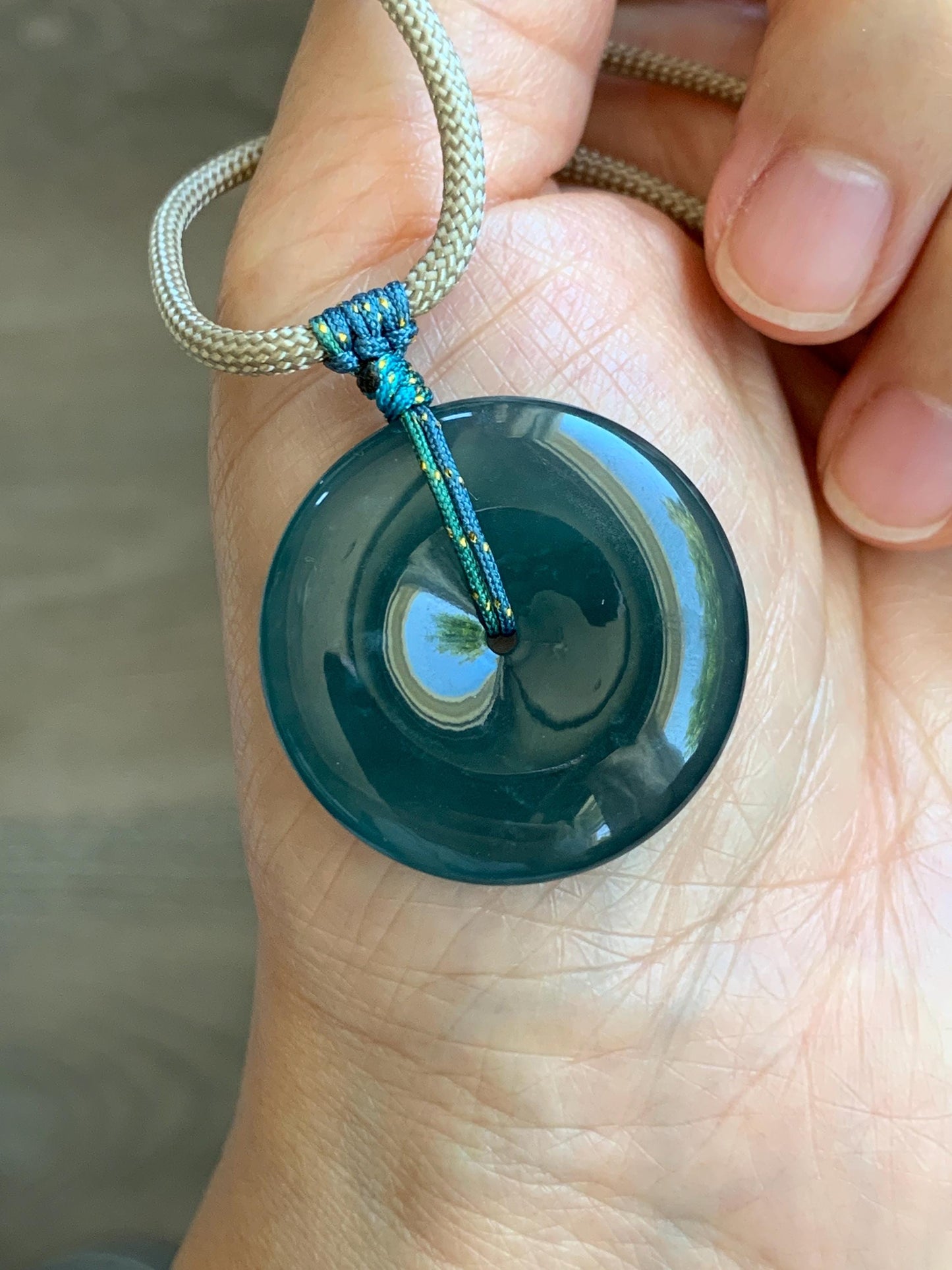 Certified Natural Grade A Guatemalan Icy Translucent Dark Blue Jade Jadeite Ping An Kou Donut Pendant Rope Necklace 25” 天然冰胶危深蓝绿翡翠平安扣吊坠 452
