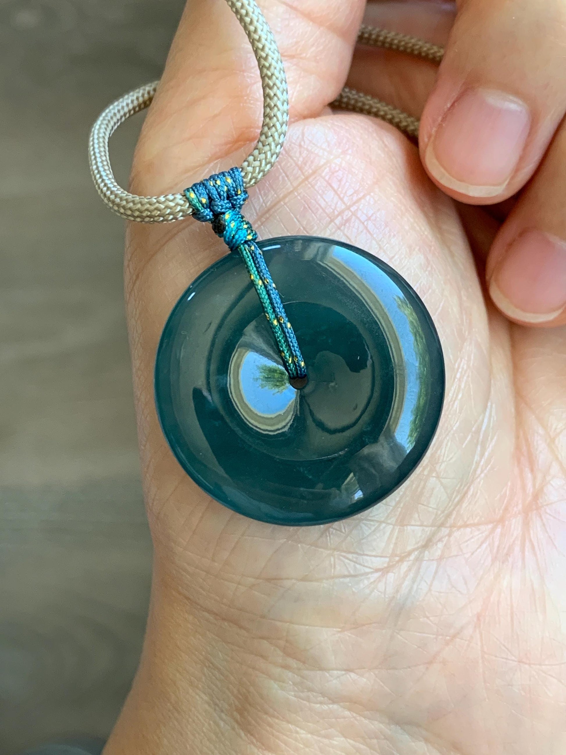 Certified Natural Grade A Guatemalan Icy Translucent Dark Blue Jade Jadeite Ping An Kou Donut Pendant Rope Necklace 25” 天然冰胶危深蓝绿翡翠平安扣吊坠 452