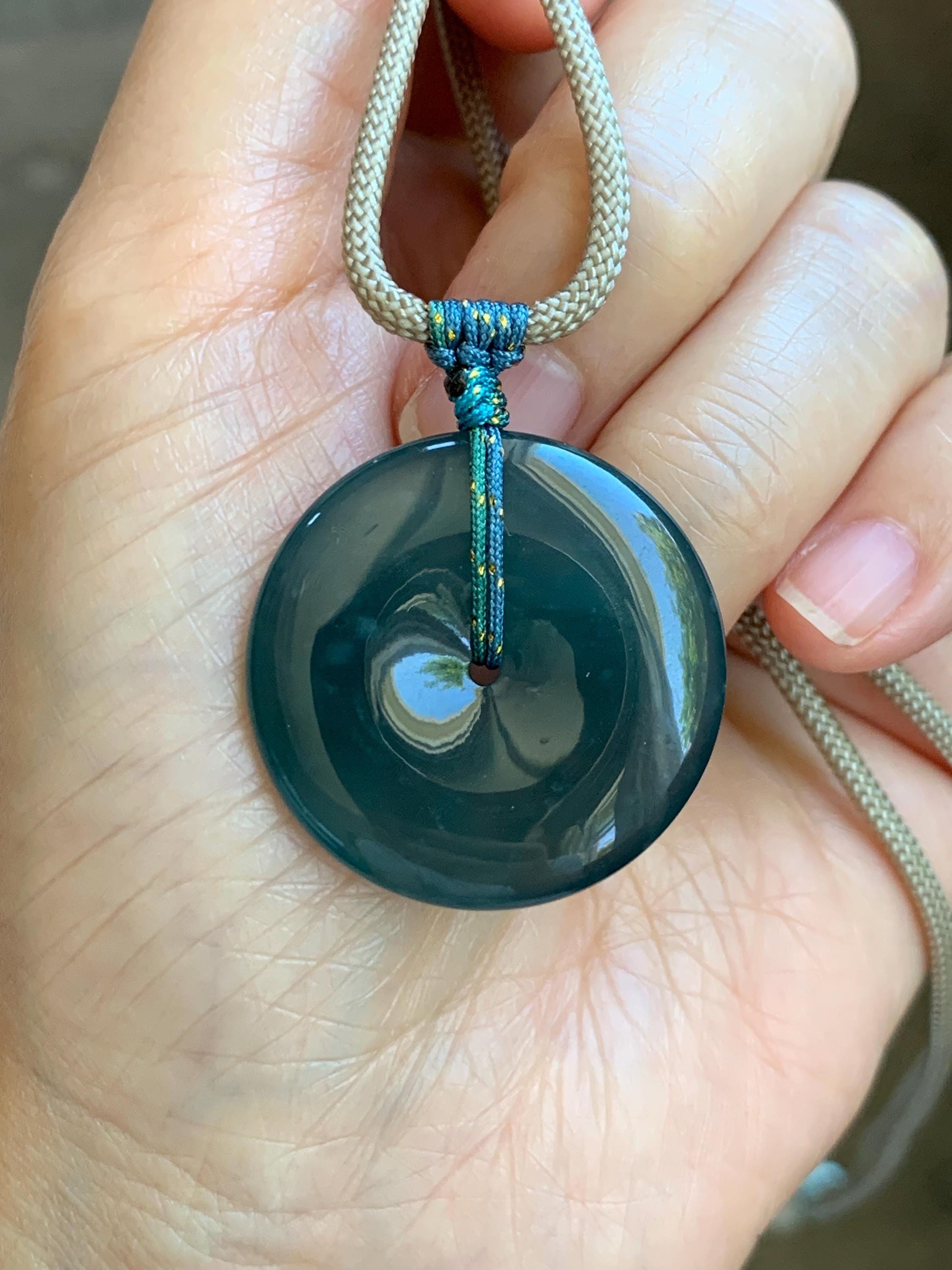 Certified Natural Grade A Guatemalan Icy Translucent Dark Blue Jade Jadeite Ping An Kou Donut Pendant Rope Necklace 25” 天然冰胶危深蓝绿翡翠平安扣吊坠 452