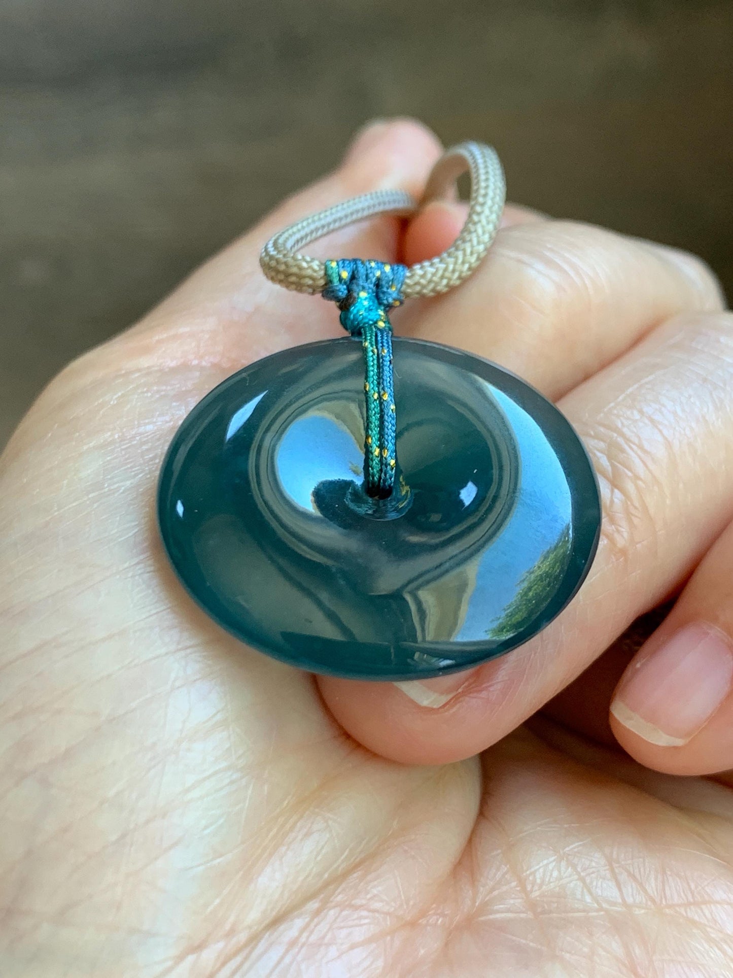 Certified Natural Grade A Guatemalan Icy Translucent Dark Blue Jade Jadeite Ping An Kou Donut Pendant Rope Necklace 25” 天然冰胶危深蓝绿翡翠平安扣吊坠 452