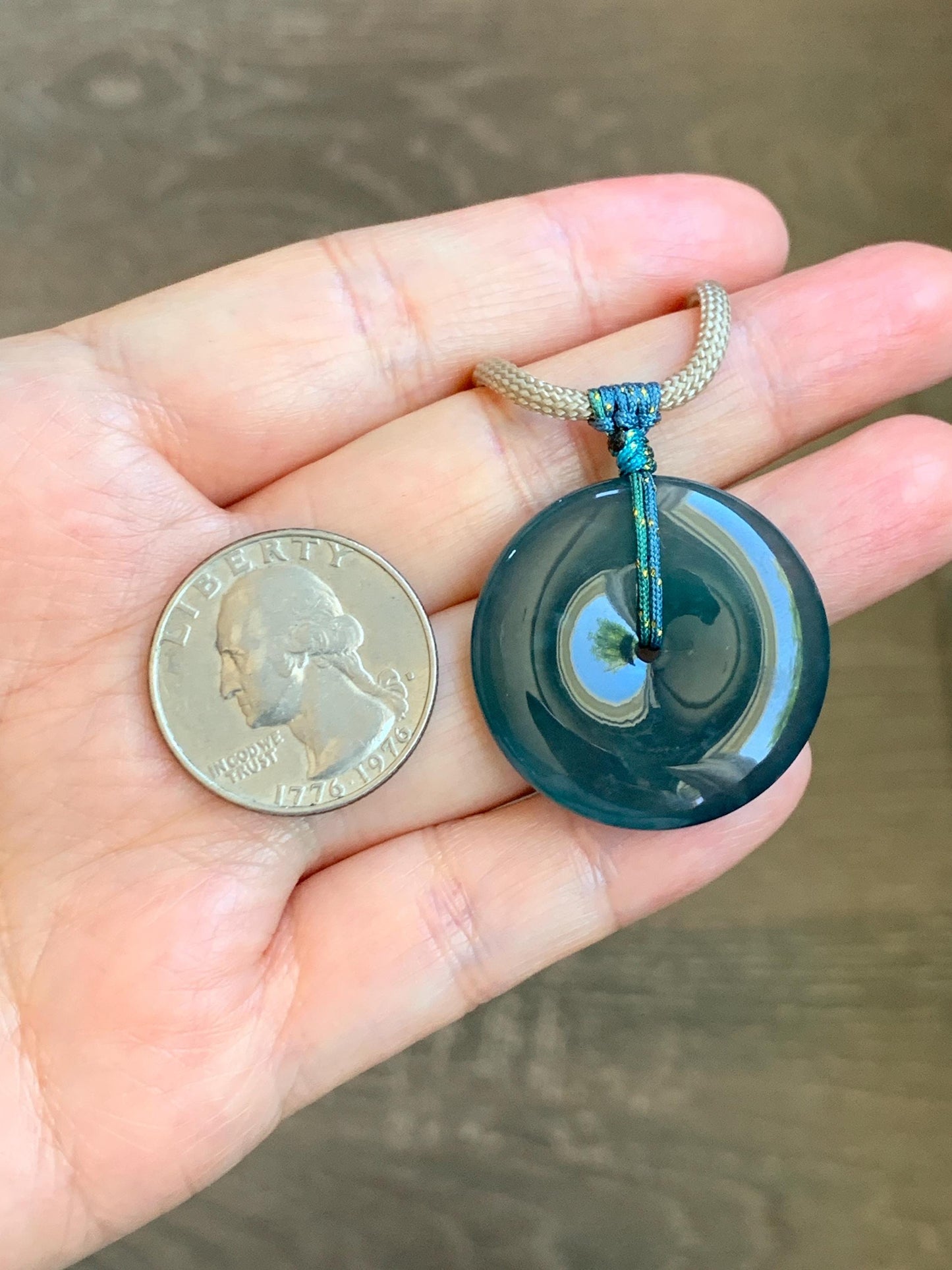 Certified Natural Grade A Guatemalan Icy Translucent Dark Blue Jade Jadeite Ping An Kou Donut Pendant Rope Necklace 25” 天然冰胶危深蓝绿翡翠平安扣吊坠 452
