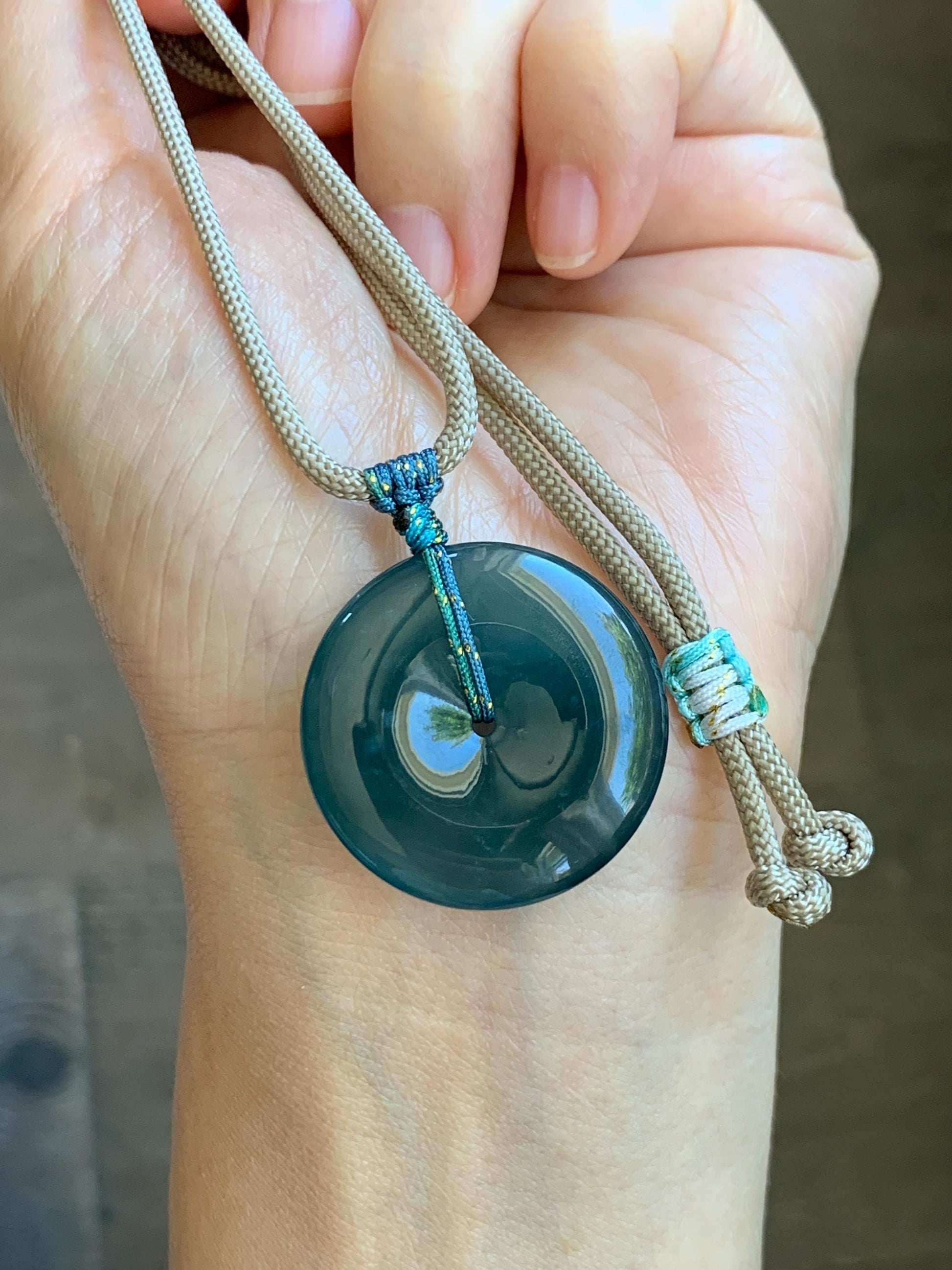 Certified Natural Grade A Guatemalan Icy Translucent Dark Blue Jade Jadeite Ping An Kou Donut Pendant Rope Necklace 25” 天然冰胶危深蓝绿翡翠平安扣吊坠 452