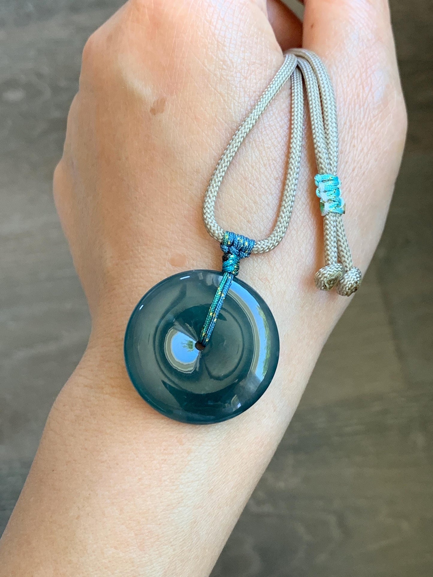 Certified Natural Grade A Guatemalan Icy Translucent Dark Blue Jade Jadeite Ping An Kou Donut Pendant Rope Necklace 25” 天然冰胶危深蓝绿翡翠平安扣吊坠 452