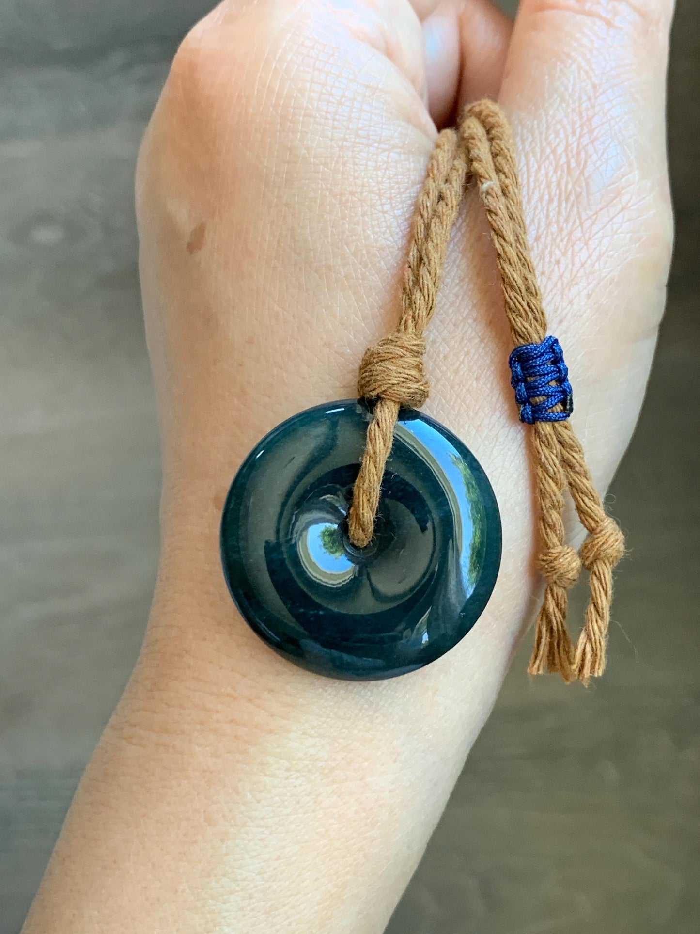 Natural Grade A Guatemalan Icy Translucent Deep Teal Blue Jade Jadeite Ping An Kou Donut Pendant Rope Necklace 26” 14g 天然冰胶危深老蓝水翡翠平安扣吊坠WOU-A