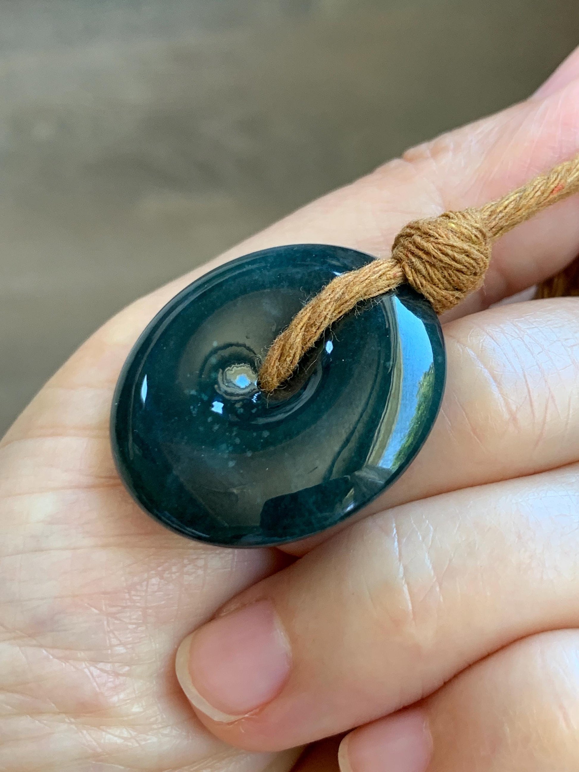 Natural Grade A Guatemalan Icy Translucent Deep Teal Blue Jade Jadeite Ping An Kou Donut Pendant Rope Necklace 26” 14g 天然冰胶危深老蓝水翡翠平安扣吊坠WOU-A