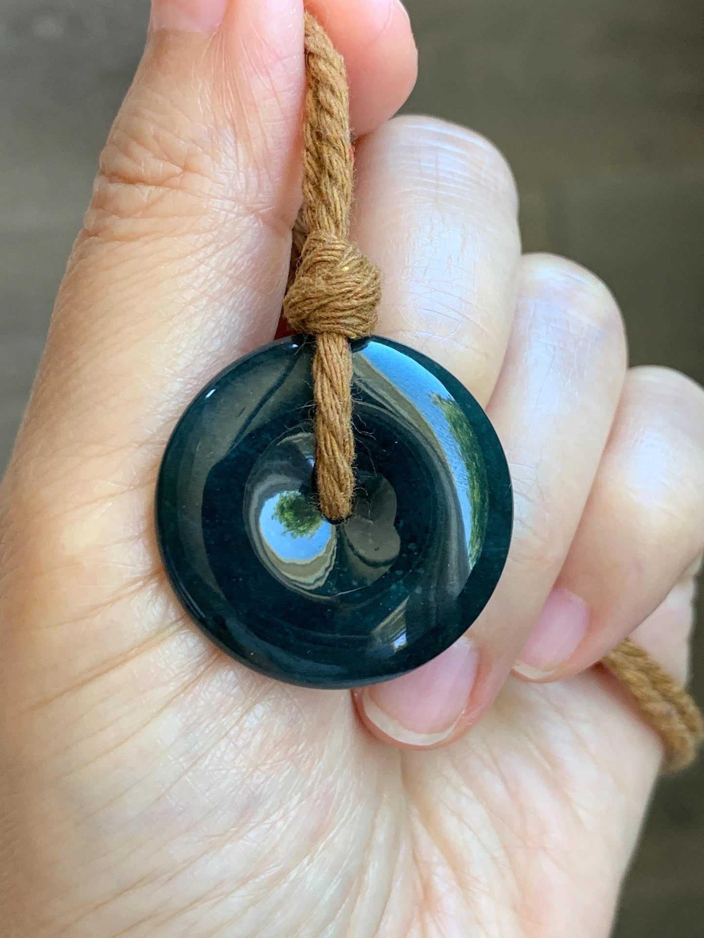 Natural Grade A Guatemalan Icy Translucent Deep Teal Blue Jade Jadeite Ping An Kou Donut Pendant Rope Necklace 26” 14g 天然冰胶危深老蓝水翡翠平安扣吊坠WOU-A