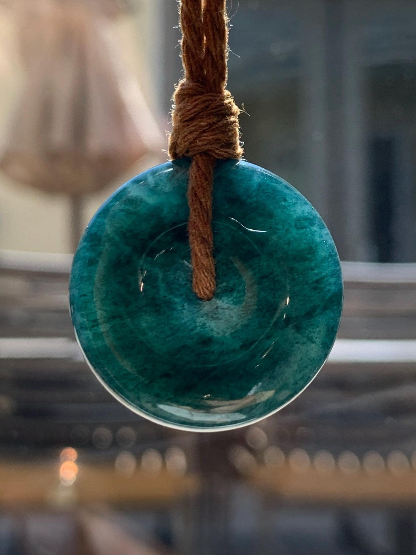 Natural Grade A Guatemalan Icy Translucent Deep Teal Blue Jade Jadeite Ping An Kou Donut Pendant Rope Necklace 26” 13g 天然冰胶危深老蓝水翡翠平安扣吊坠WOU-B