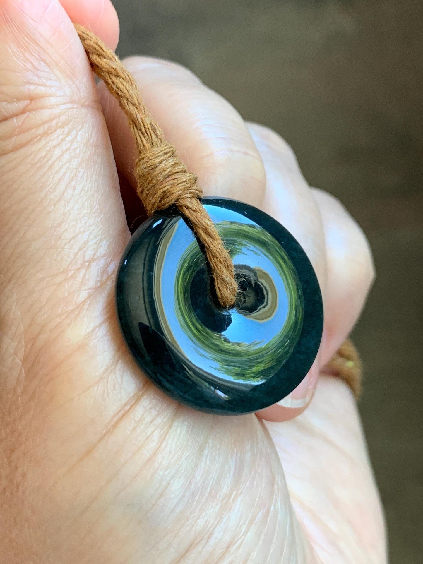 Natural Grade A Guatemalan Icy Translucent Deep Teal Blue Jade Jadeite Ping An Kou Donut Pendant Rope Necklace 26” 13g 天然冰胶危深老蓝水翡翠平安扣吊坠WOU-B