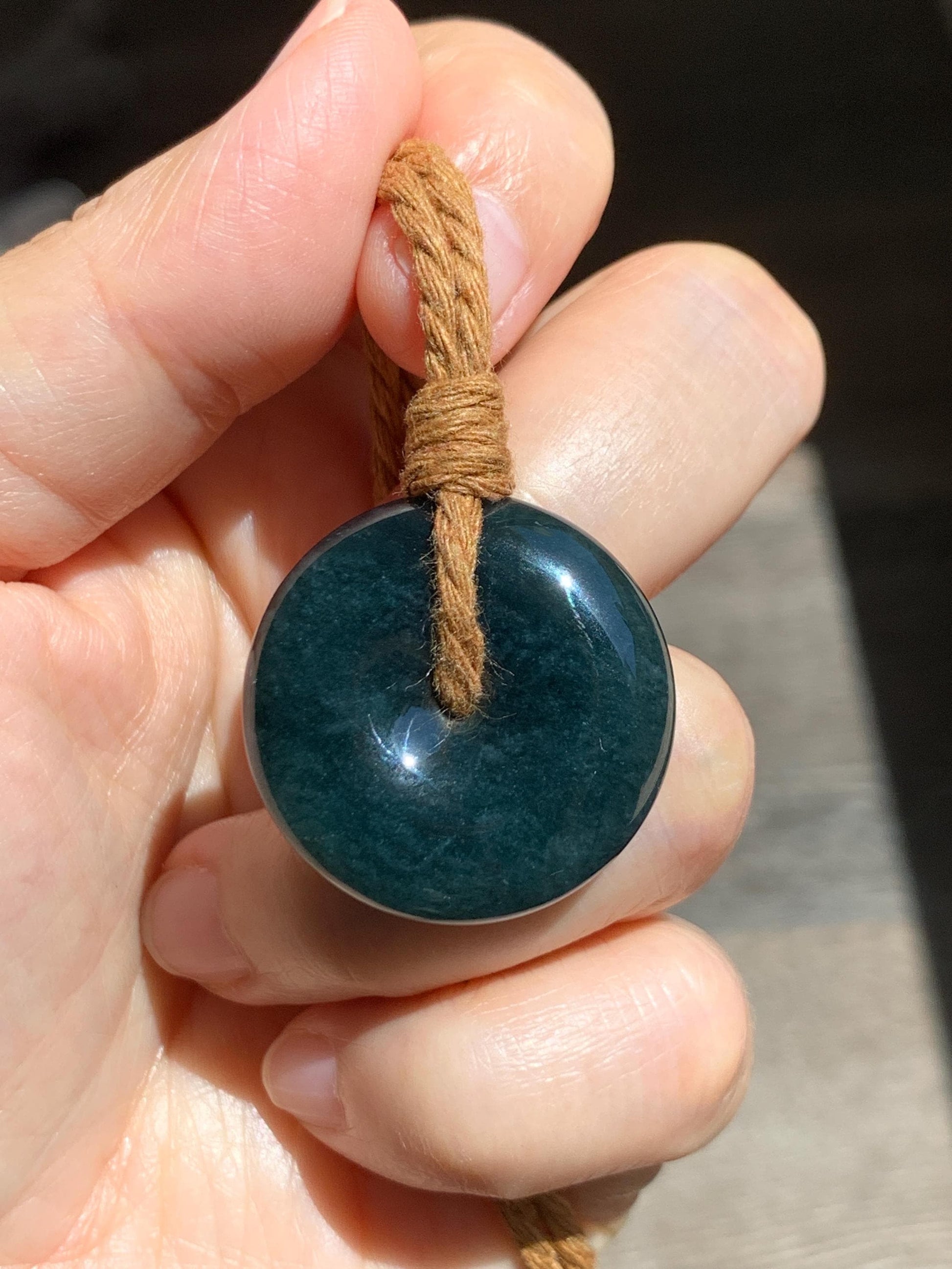 Natural Grade A Guatemalan Icy Translucent Deep Teal Blue Jade Jadeite Ping An Kou Donut Pendant Rope Necklace 26” 13g 天然冰胶危深老蓝水翡翠平安扣吊坠WOU-B