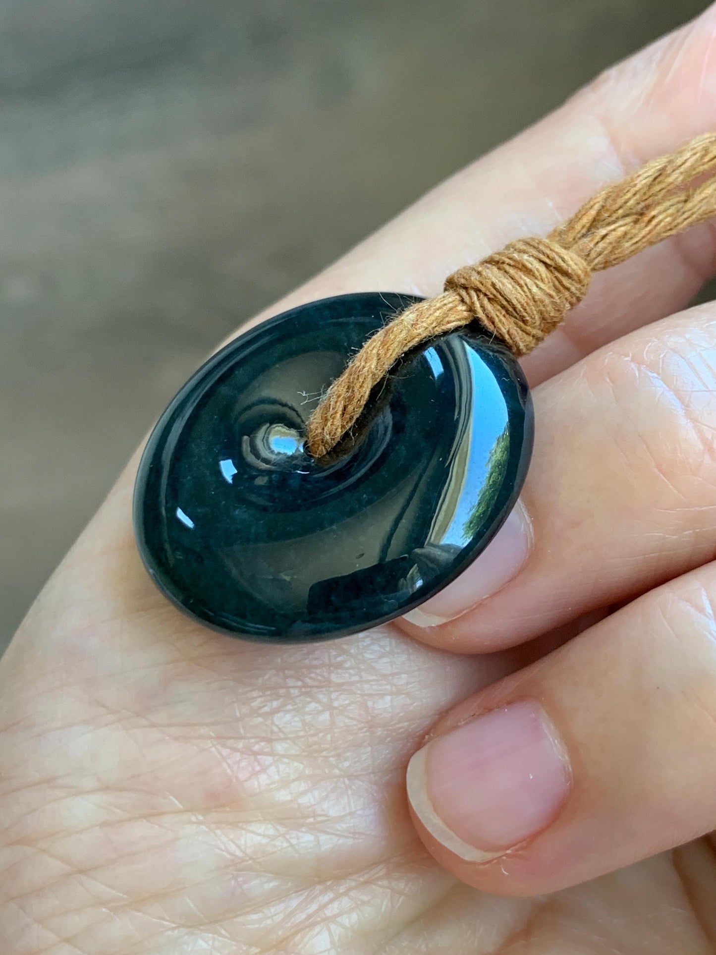 Natural Grade A Guatemalan Icy Translucent Deep Teal Blue Jade Jadeite Ping An Kou Donut Pendant Rope Necklace 26” 13g 天然冰胶危深老蓝水翡翠平安扣吊坠WOU-B