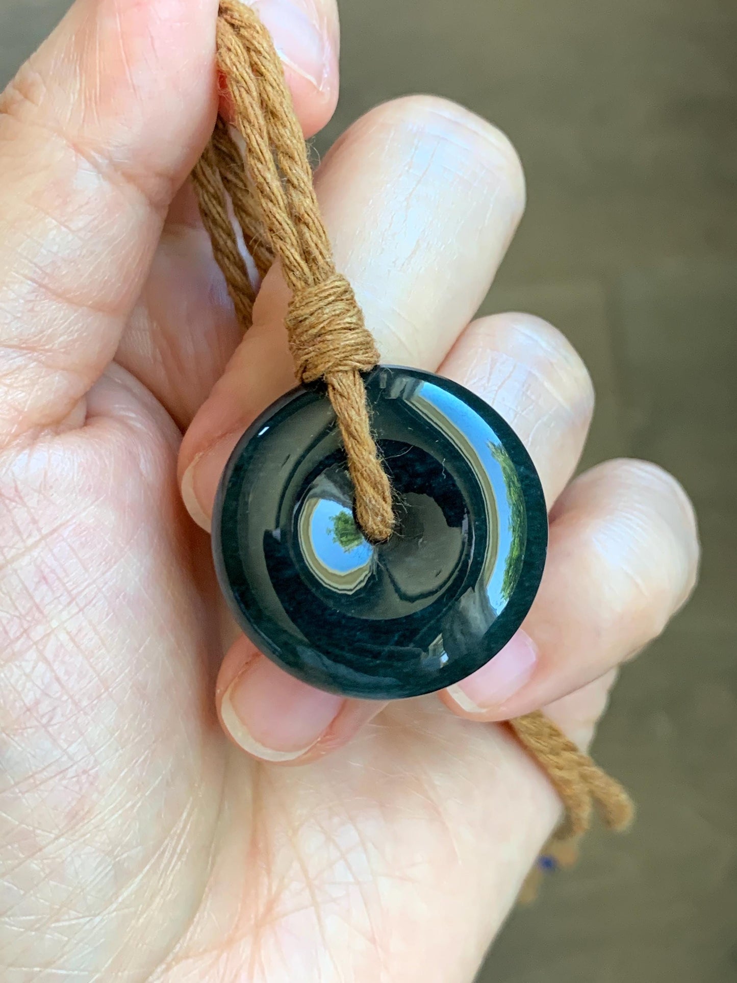 Natural Grade A Guatemalan Icy Translucent Deep Teal Blue Jade Jadeite Ping An Kou Donut Pendant Rope Necklace 26” 13g 天然冰胶危深老蓝水翡翠平安扣吊坠WOU-B