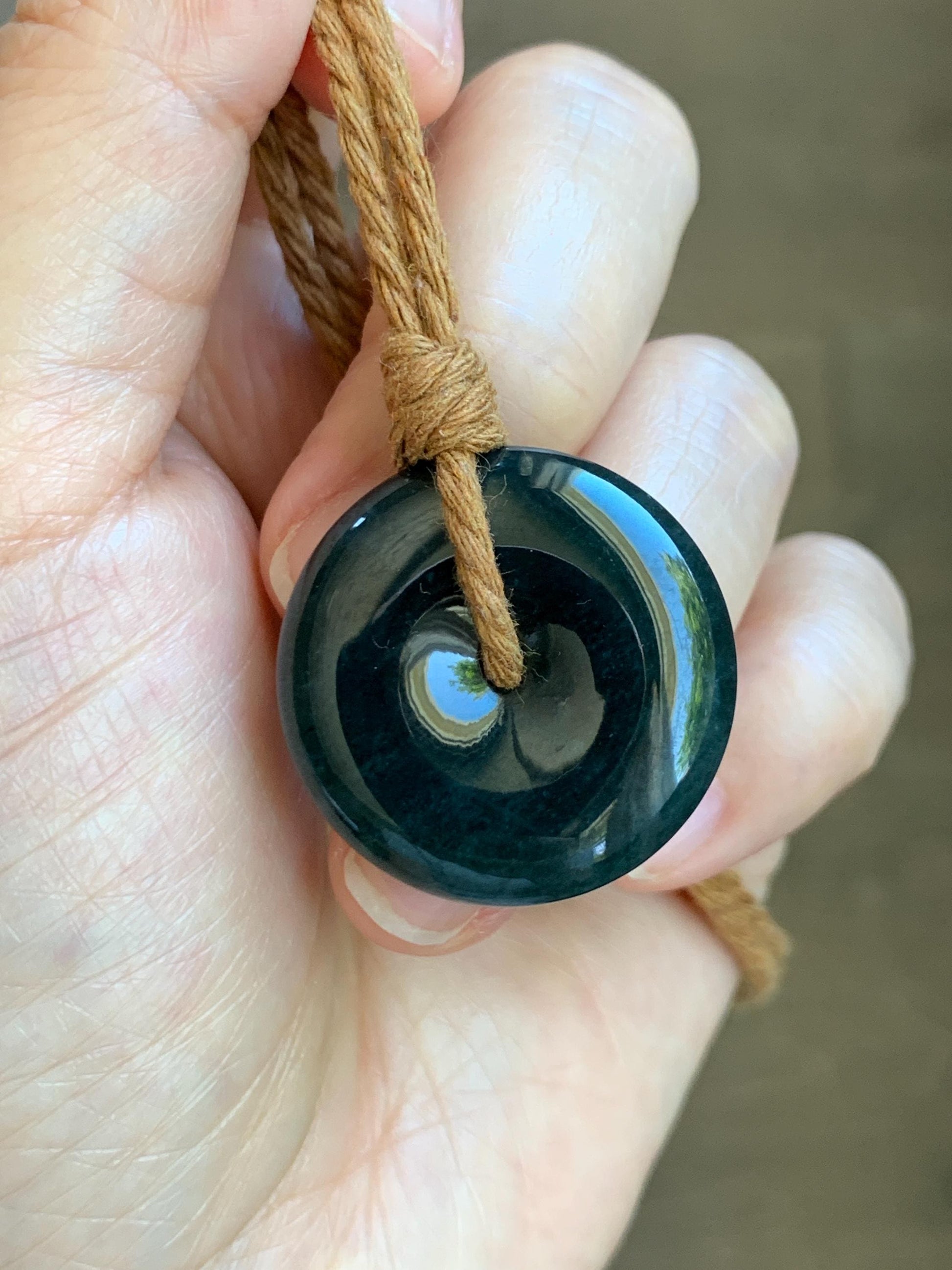 Natural Grade A Guatemalan Icy Translucent Deep Teal Blue Jade Jadeite Ping An Kou Donut Pendant Rope Necklace 26” 13g 天然冰胶危深老蓝水翡翠平安扣吊坠WOU-B