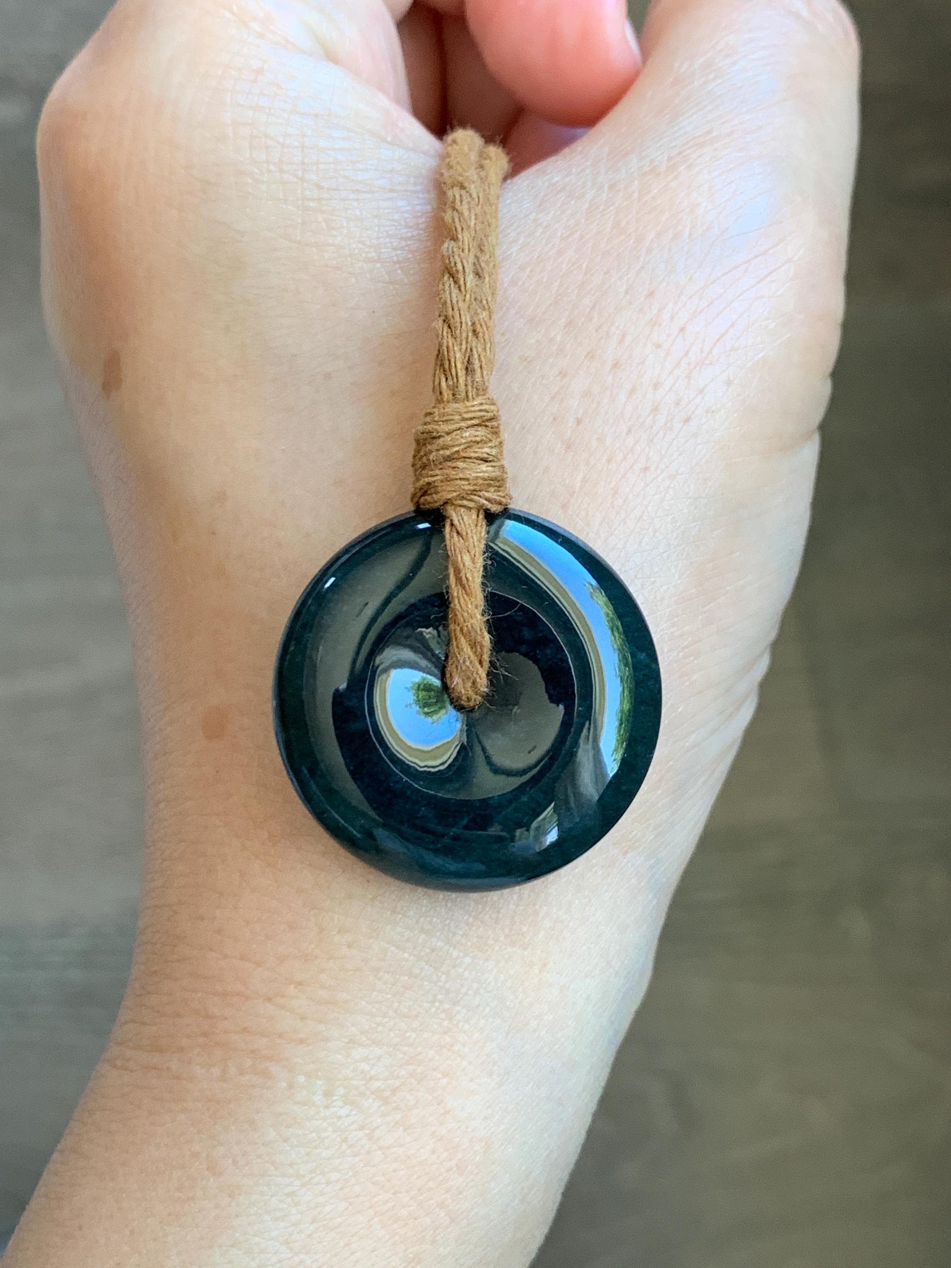 Natural Grade A Guatemalan Icy Translucent Deep Teal Blue Jade Jadeite Ping An Kou Donut Pendant Rope Necklace 26” 13g 天然冰胶危深老蓝水翡翠平安扣吊坠WOU-B