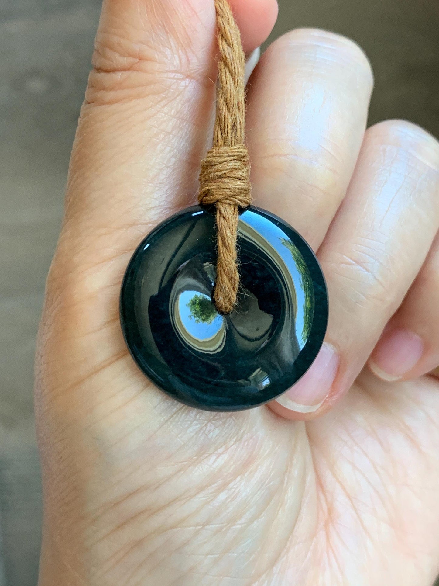 Natural Grade A Guatemalan Icy Translucent Deep Teal Blue Jade Jadeite Ping An Kou Donut Pendant Rope Necklace 26” 13g 天然冰胶危深老蓝水翡翠平安扣吊坠WOU-B