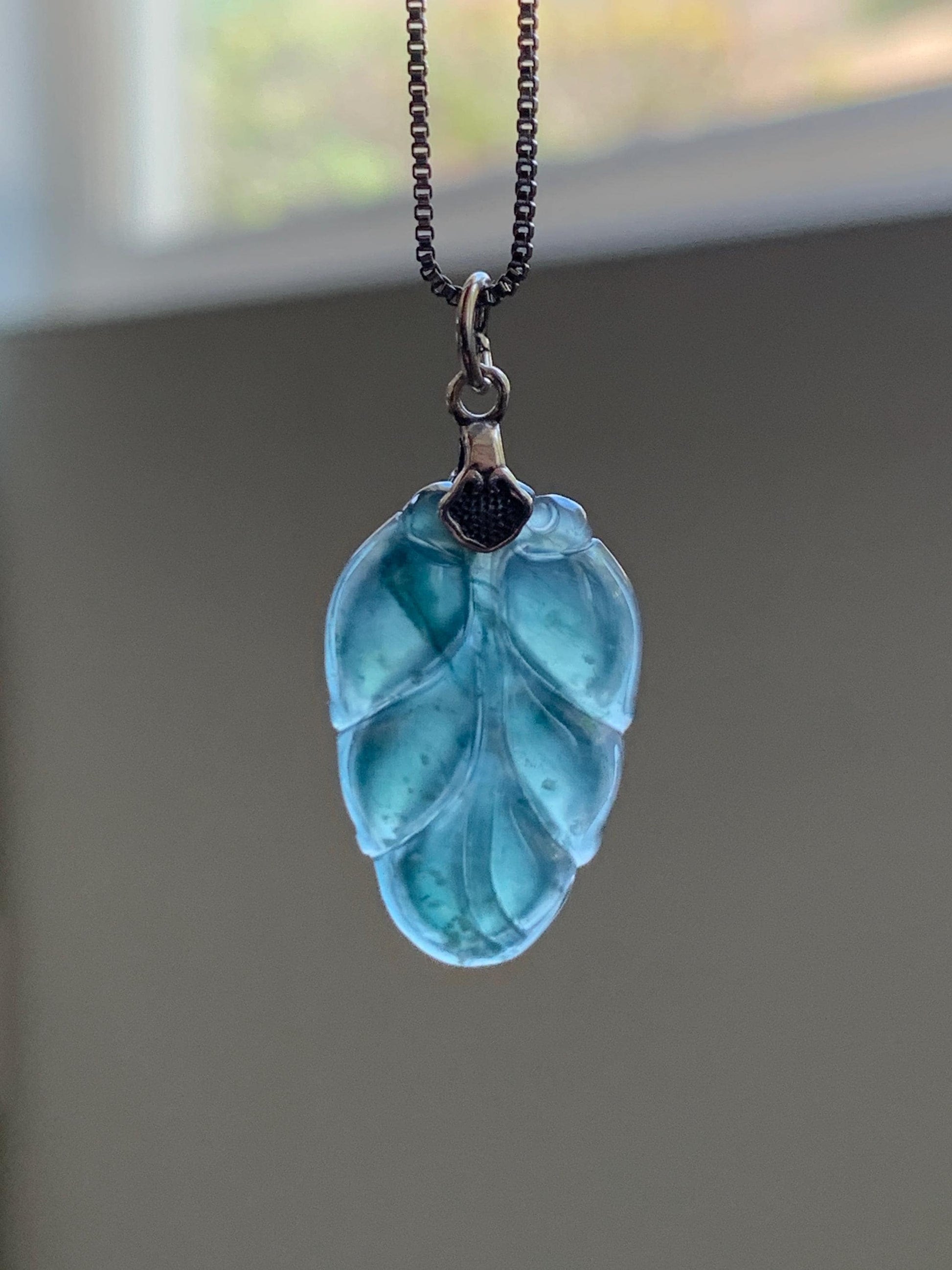 Natural Grade A Guatemalan Icy Translucent Dark Teal Blue Jade Jadeite Carved Leaf Small Pendant Sterling Silver 天然冰胶危深蓝翡翠大叶有成银镶吊坠 WLD55G