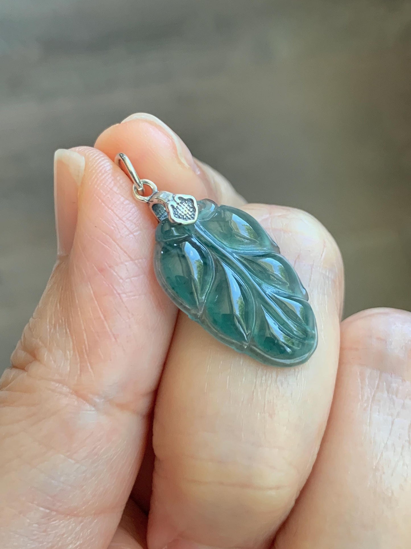 Natural Grade A Guatemalan Icy Translucent Dark Teal Blue Jade Jadeite Carved Leaf Small Pendant Sterling Silver 天然冰胶危深蓝翡翠大叶有成银镶吊坠 WLD55G