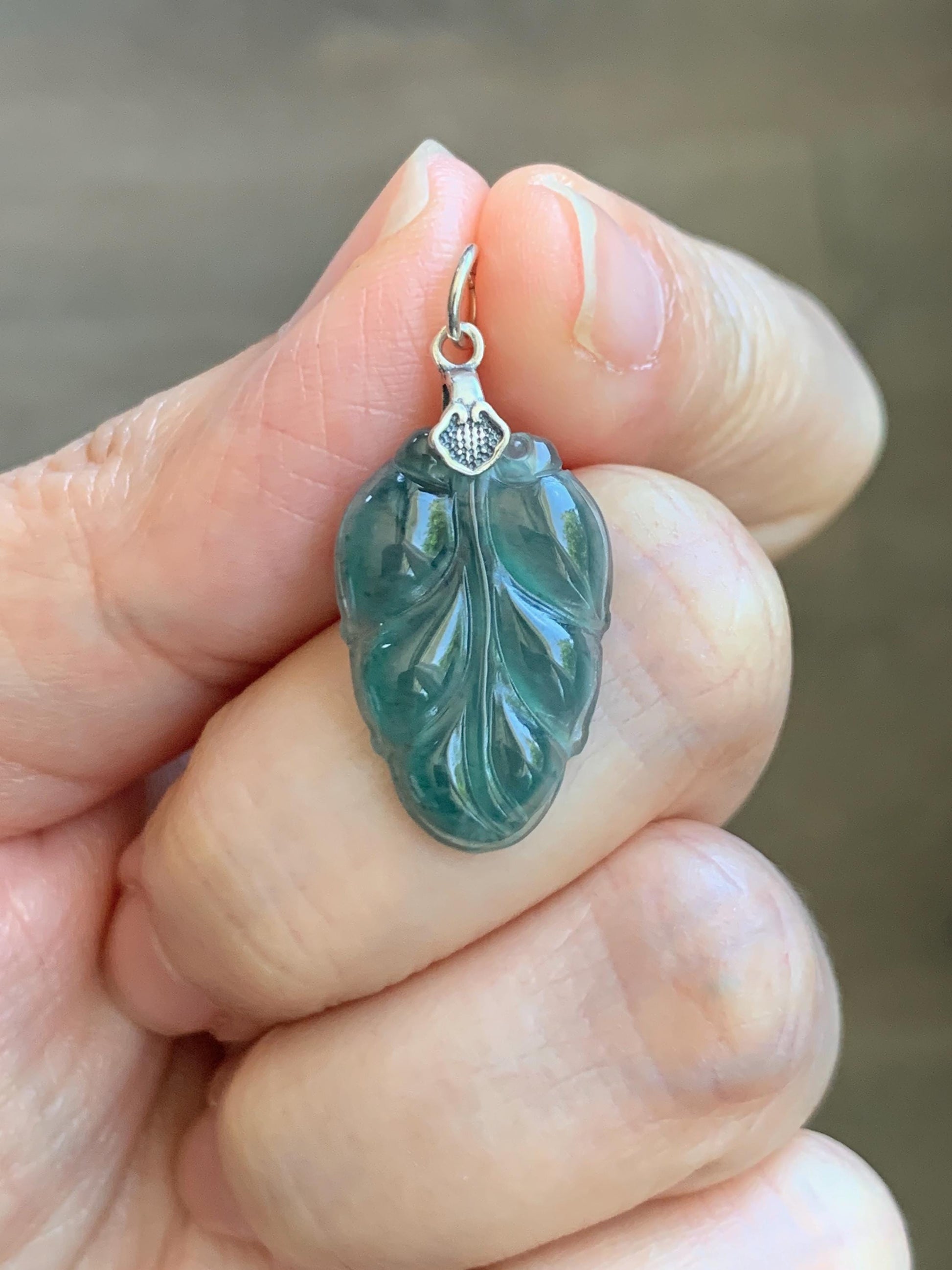 Natural Grade A Guatemalan Icy Translucent Dark Teal Blue Jade Jadeite Carved Leaf Small Pendant Sterling Silver 天然冰胶危深蓝翡翠大叶有成银镶吊坠 WLD55G