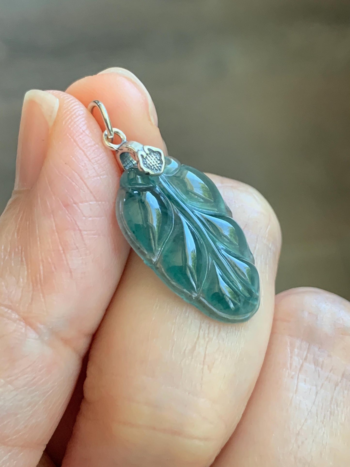 Natural Grade A Guatemalan Icy Translucent Dark Teal Blue Jade Jadeite Carved Leaf Small Pendant Sterling Silver 天然冰胶危深蓝翡翠大叶有成银镶吊坠 WLD55G
