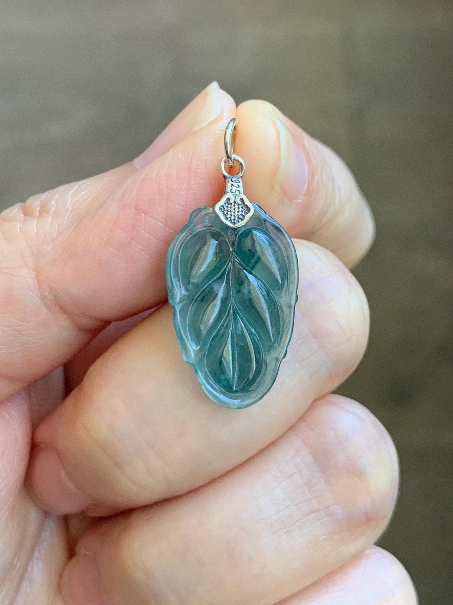 Natural Grade A Guatemalan Icy Translucent Dark Teal Blue Jade Jadeite Carved Leaf Small Pendant Sterling Silver 天然冰胶危深蓝翡翠大叶有成银镶吊坠 WLD55G