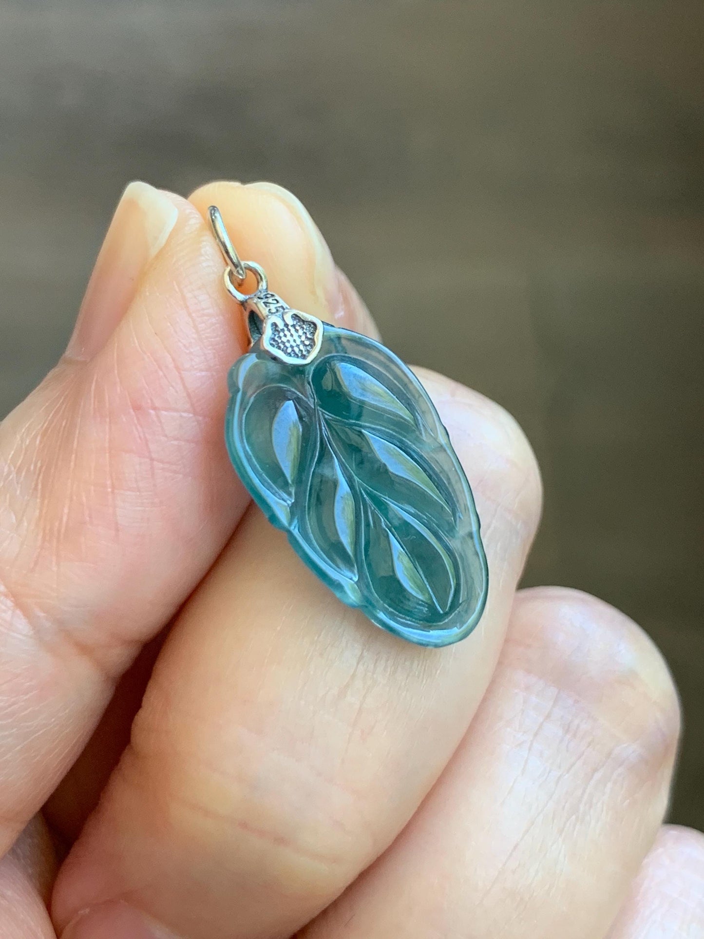 Natural Grade A Guatemalan Icy Translucent Dark Teal Blue Jade Jadeite Carved Leaf Small Pendant Sterling Silver 天然冰胶危深蓝翡翠大叶有成银镶吊坠 WLD55G