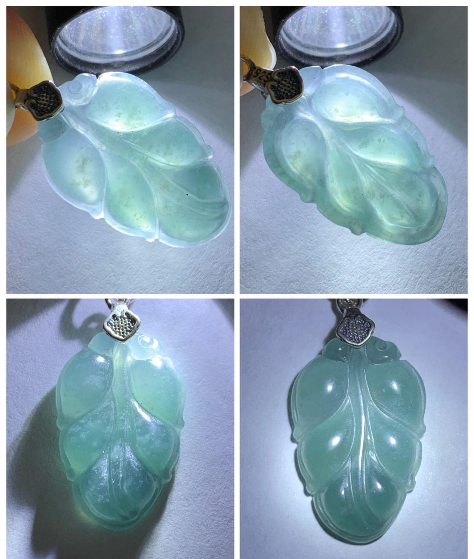 Natural Grade A Guatemalan Icy Translucent Light Dusty Blue Jade Jadeite Carved Leaf Pendant Sterling Silver 天然冰胶危浅蓝翡翠大叶有成银镶吊坠 WLD55F