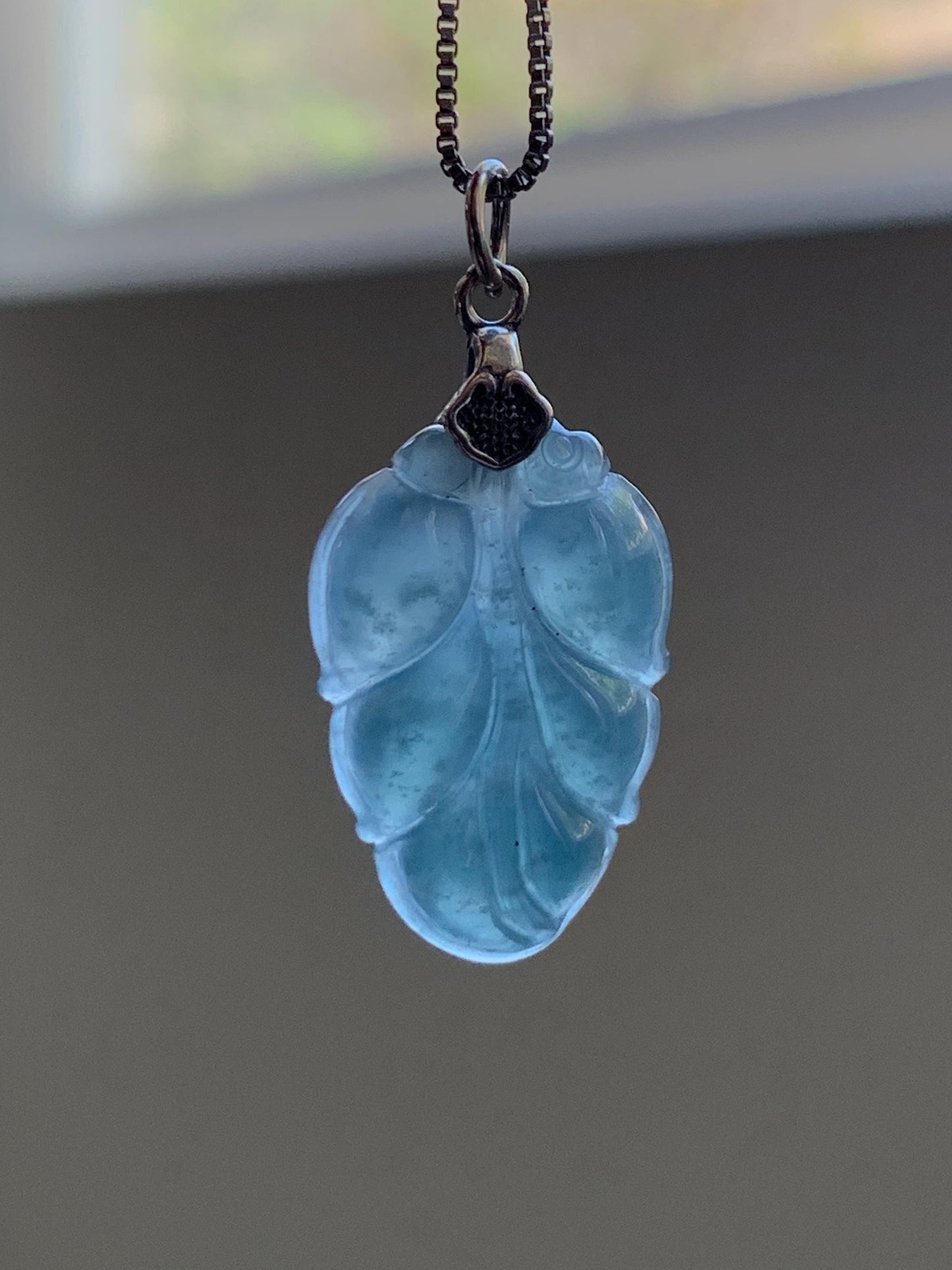 Natural Grade A Guatemalan Icy Translucent Light Dusty Blue Jade Jadeite Carved Leaf Pendant Sterling Silver 天然冰胶危浅蓝翡翠大叶有成银镶吊坠 WLD55F