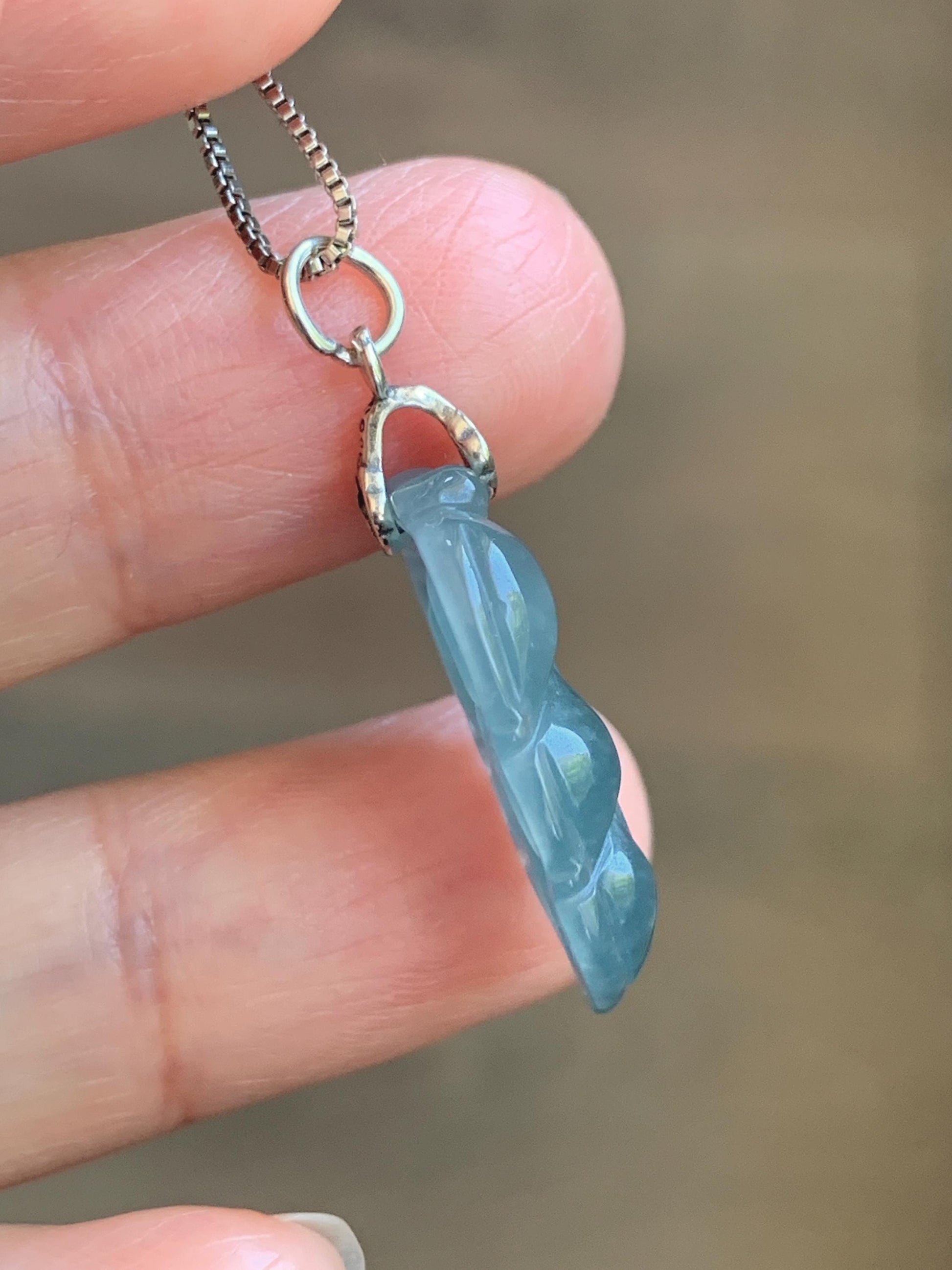 Natural Grade A Guatemalan Icy Translucent Light Dusty Blue Jade Jadeite Carved Leaf Pendant Sterling Silver 天然冰胶危浅蓝翡翠大叶有成银镶吊坠 WLD55F