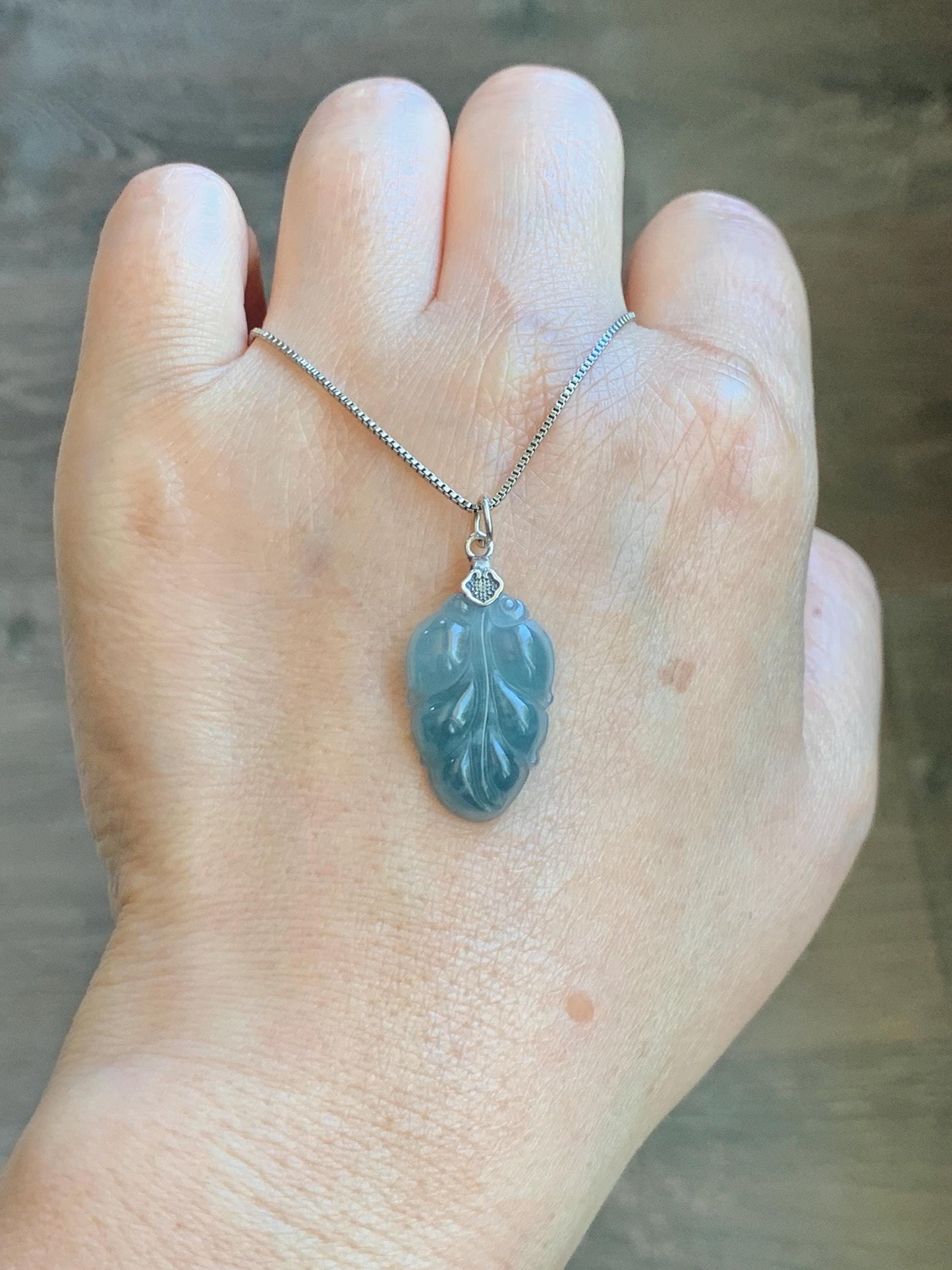 Natural Grade A Guatemalan Icy Translucent Light Dusty Blue Jade Jadeite Carved Leaf Pendant Sterling Silver 天然冰胶危浅蓝翡翠大叶有成银镶吊坠 WLD55F