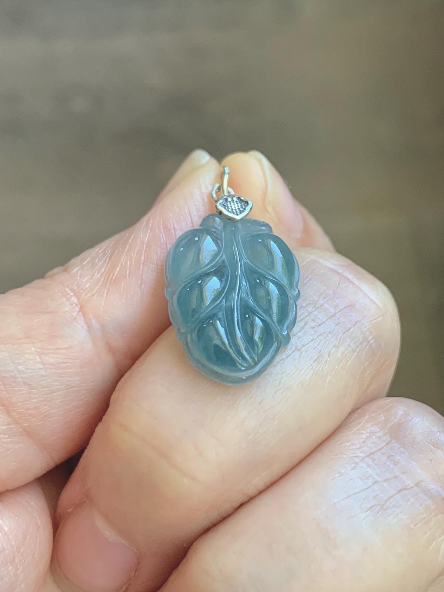 Natural Grade A Guatemalan Icy Translucent Light Dusty Blue Jade Jadeite Carved Leaf Pendant Sterling Silver 天然冰胶危浅蓝翡翠大叶有成银镶吊坠 WLD55F